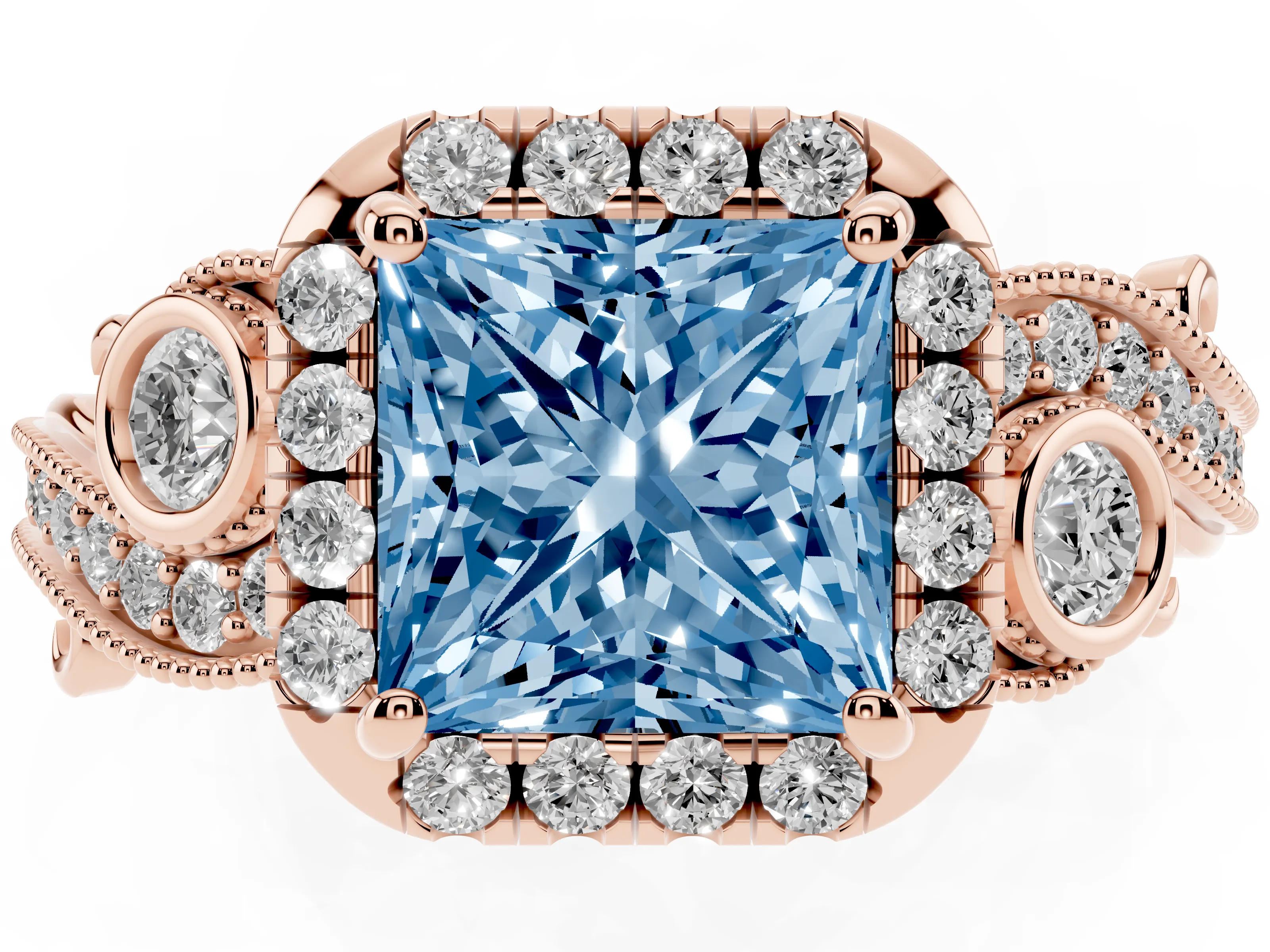 Fancy Blue Princess Cut Diamond Halo Split Shank Ring Set in Rose gold with Milgrain and Bezel Accents