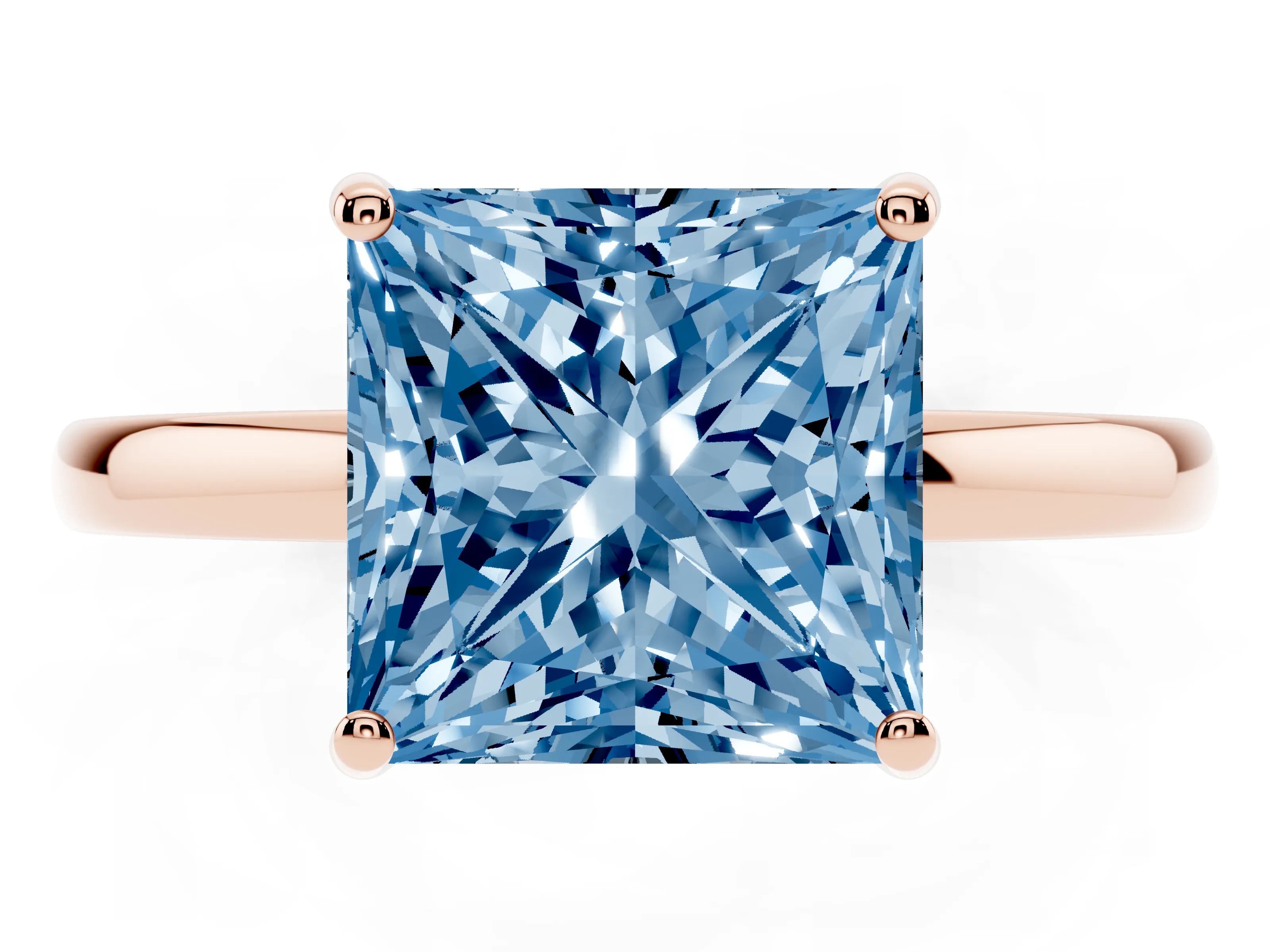 Fancy Blue Princess Cut Diamond Solitaire Ring Set in Rose gold with Plain Band and Prong Setting