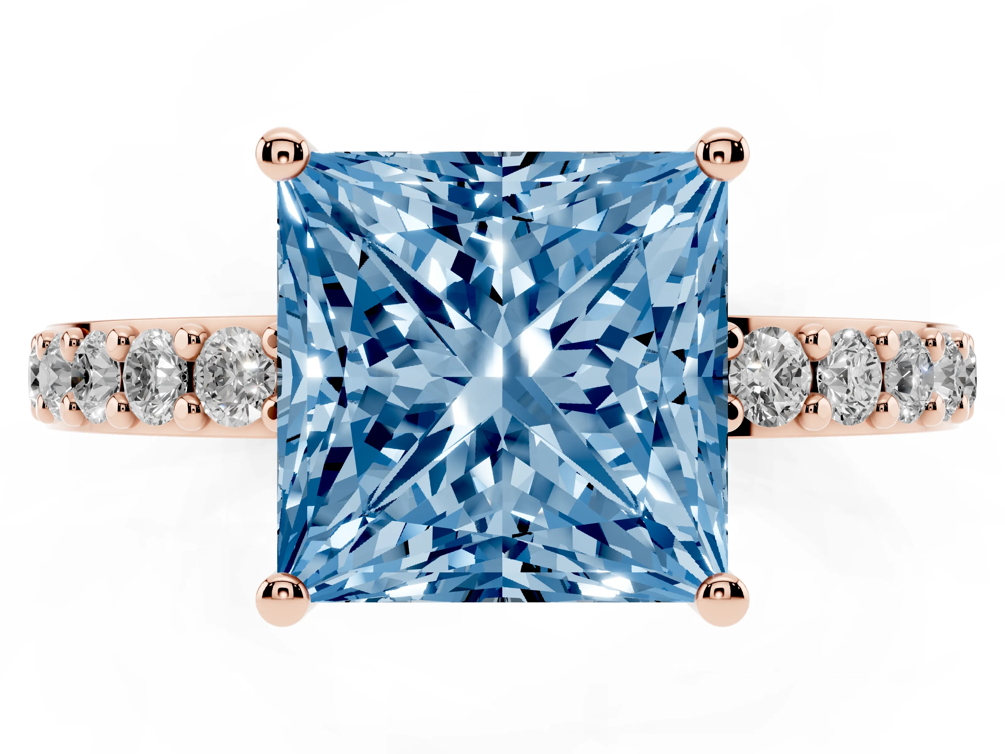 Fancy Blue Princess Cut Diamond Solitaire Set in Rose gold with Round Pavé Band and Prong Setting