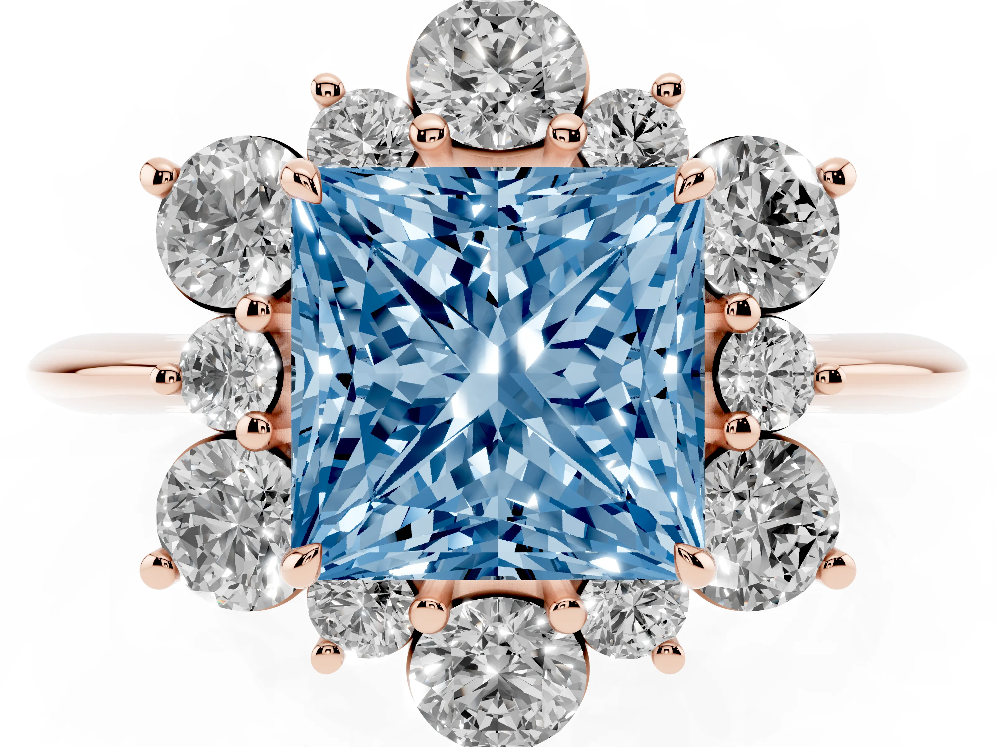 Fancy Blue Princess Cut Diamond Cluster Halo Ring Set in Rose gold with Solitaire Band and Prong Setting