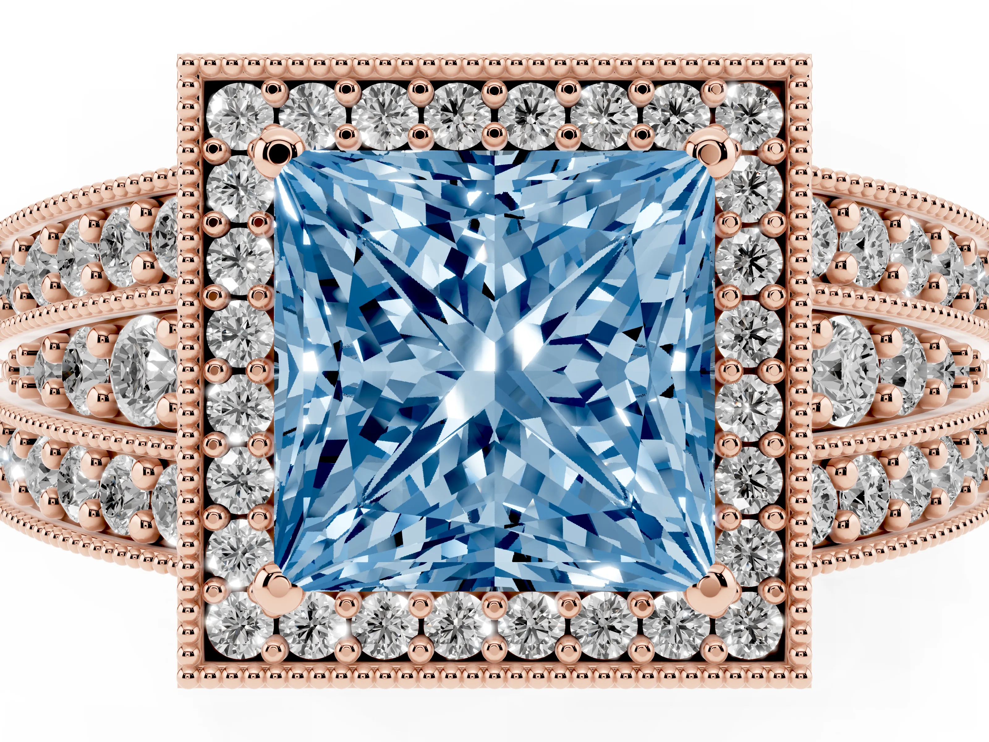 Fancy Blue Princess Cut Diamond Halo Ring Set in Rose gold with Accent Split Shank and Prong Setting