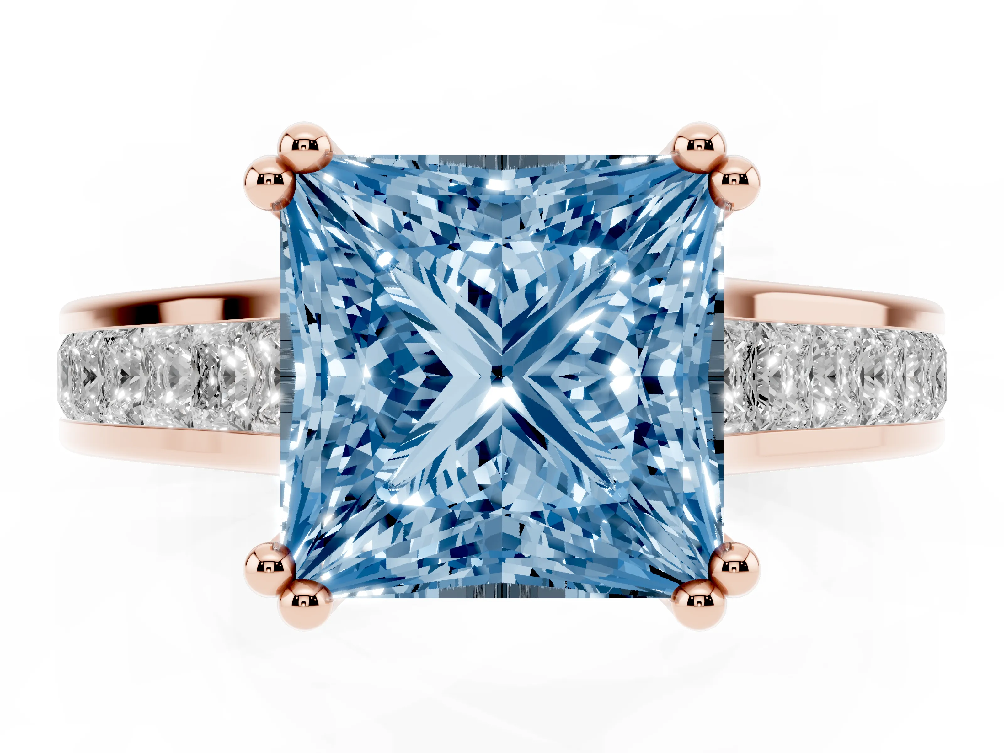 Fancy Blue Princess Cut Diamond Channel Set Solitaire Engagement Ring Set in Rose gold with Prong Setting