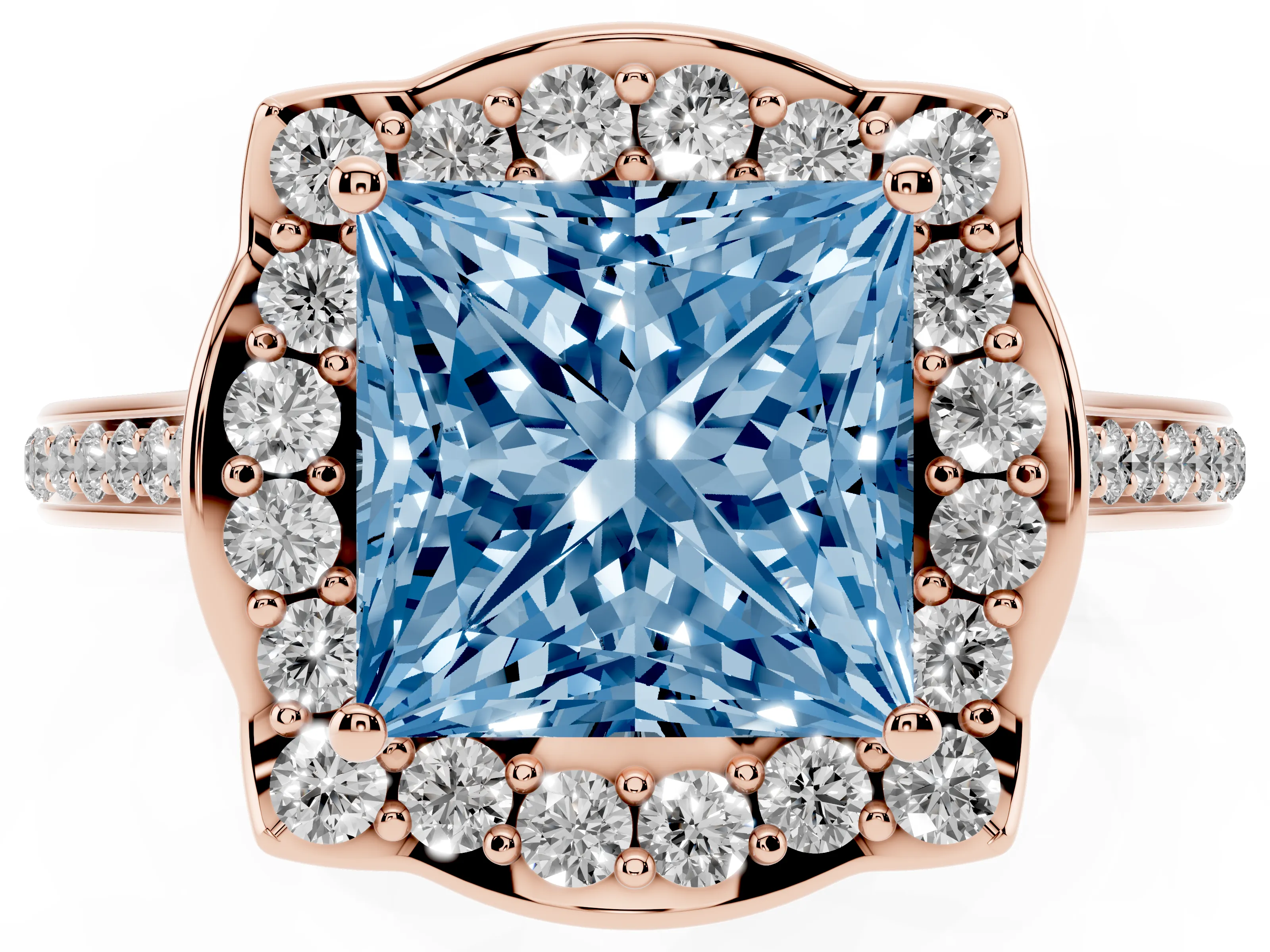 Fancy Blue Princess Cut Diamond Halo Ring Set in Rose gold with Pavé-Lined Shoulders and Prong Setting