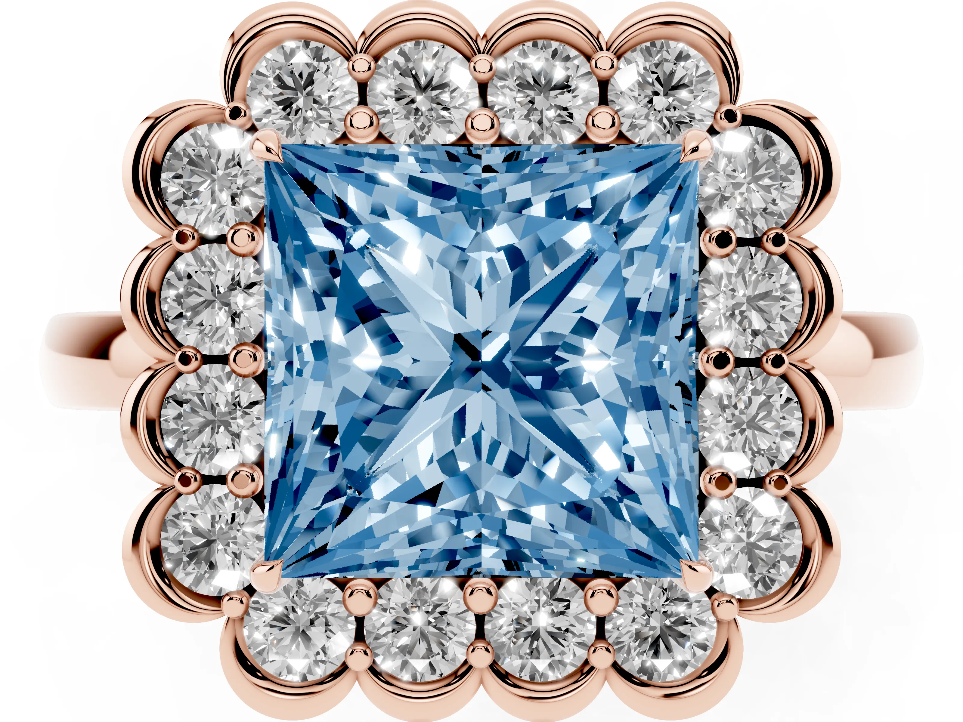 Fancy Blue Princess Cut Diamond Halo Cluster Engagement Ring Set in Rose gold with Solitaire Band and Prong Setting