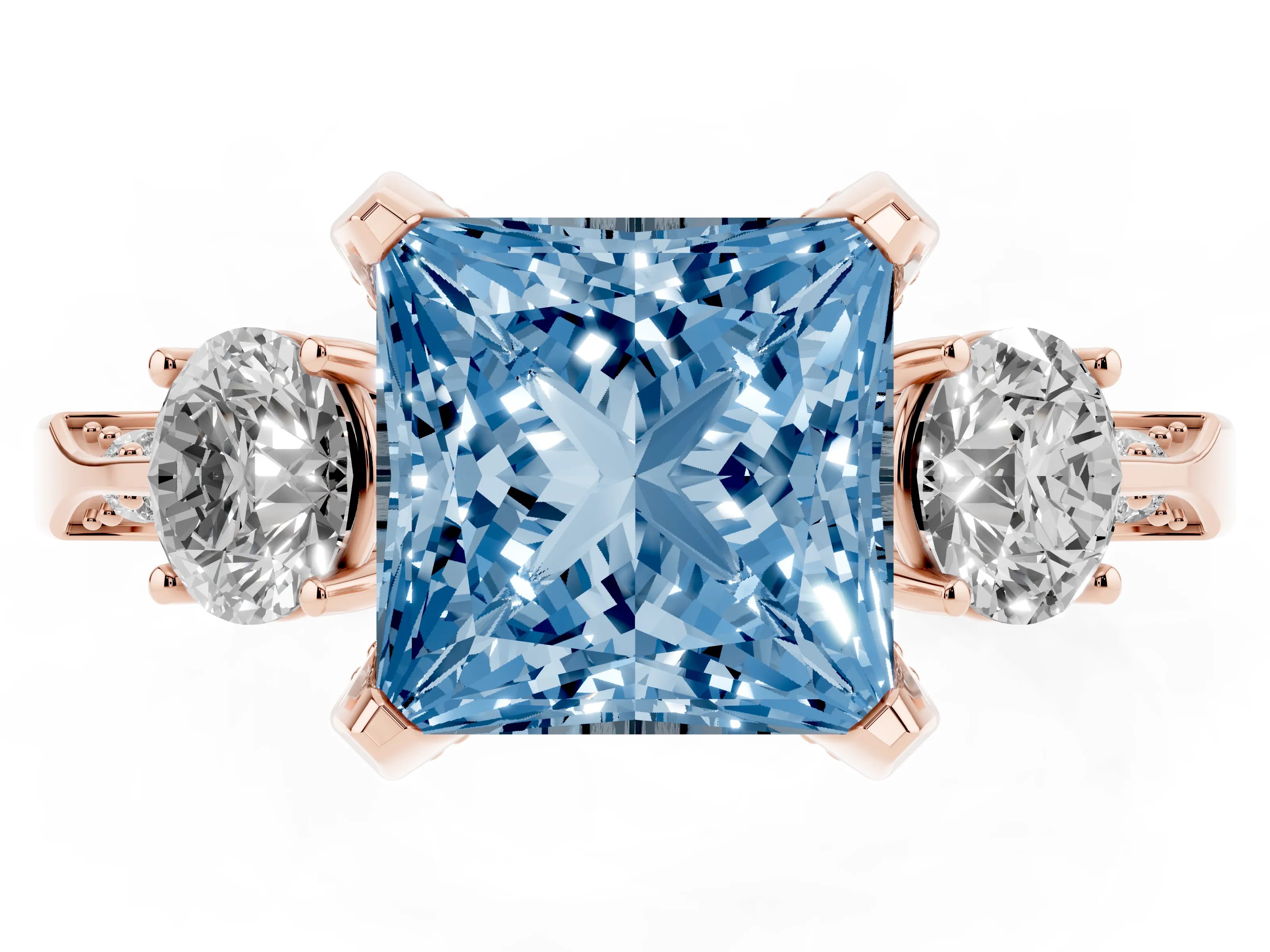 Fancy Blue Princess Cut Diamond Three-Stone Ring Set in Rose gold with Pavé Band and Smaller Side Stones