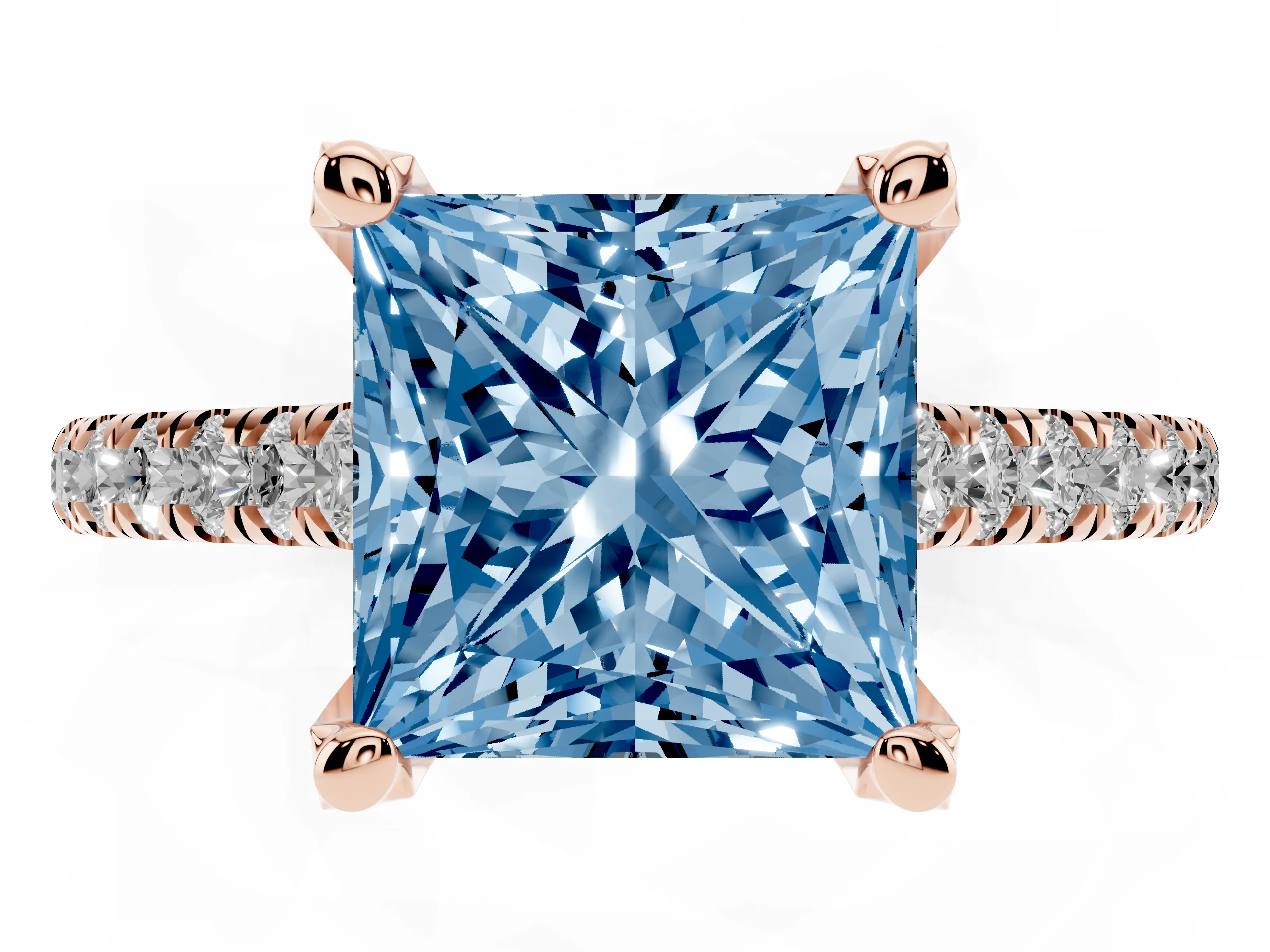 Fancy Blue Princess Cut Diamond Solitaire Ring Set in Rose gold with Brilliant Pavé Band and Prong Setting