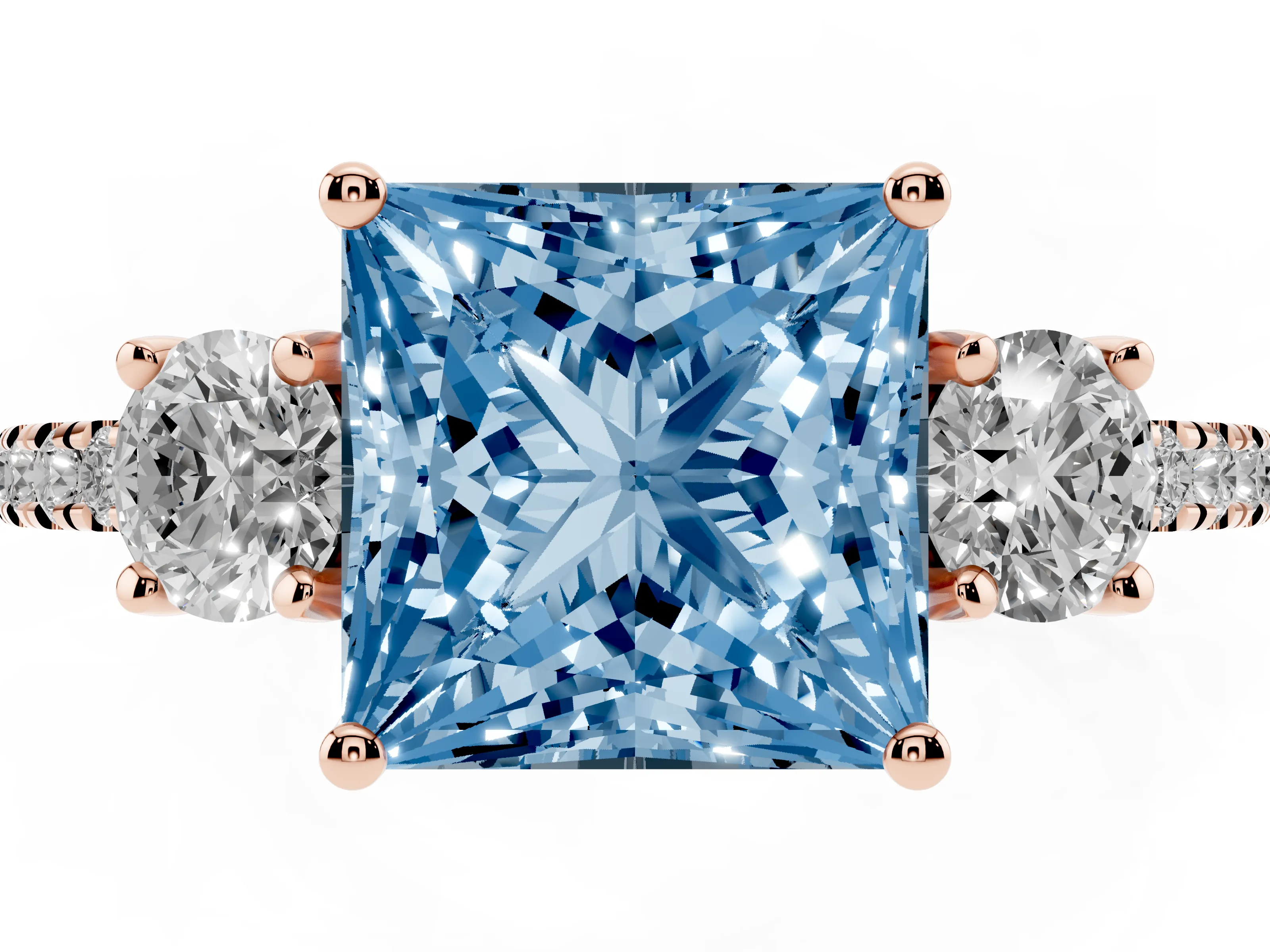 Fancy Blue Princess Cut Diamond Three-Stone Ring Set in Rose gold with Pavé Band and Graduated Sides