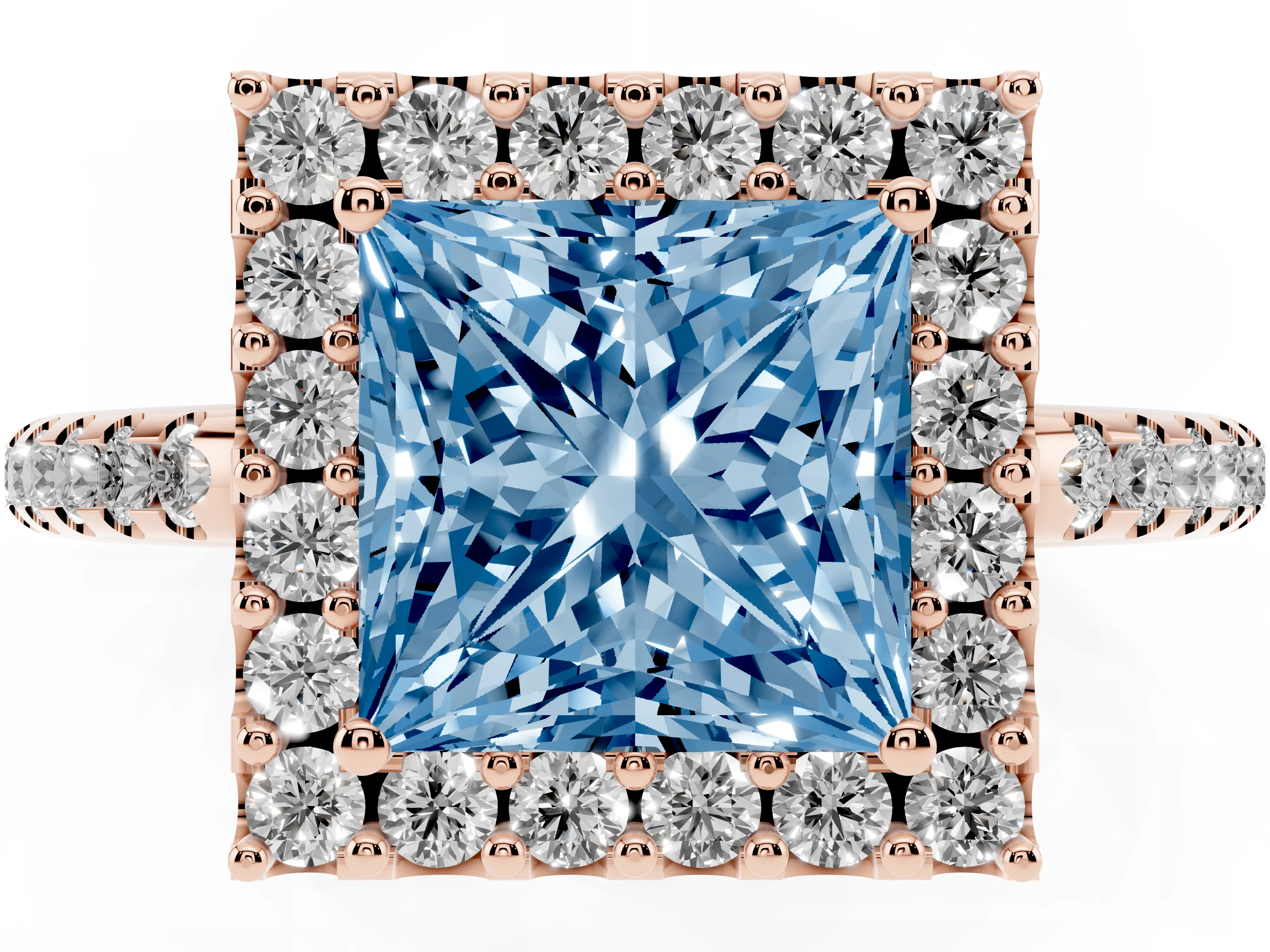 Fancy Blue Princess Cut Diamond Pavé Halo Ring Set in Rose gold with Prong Setting