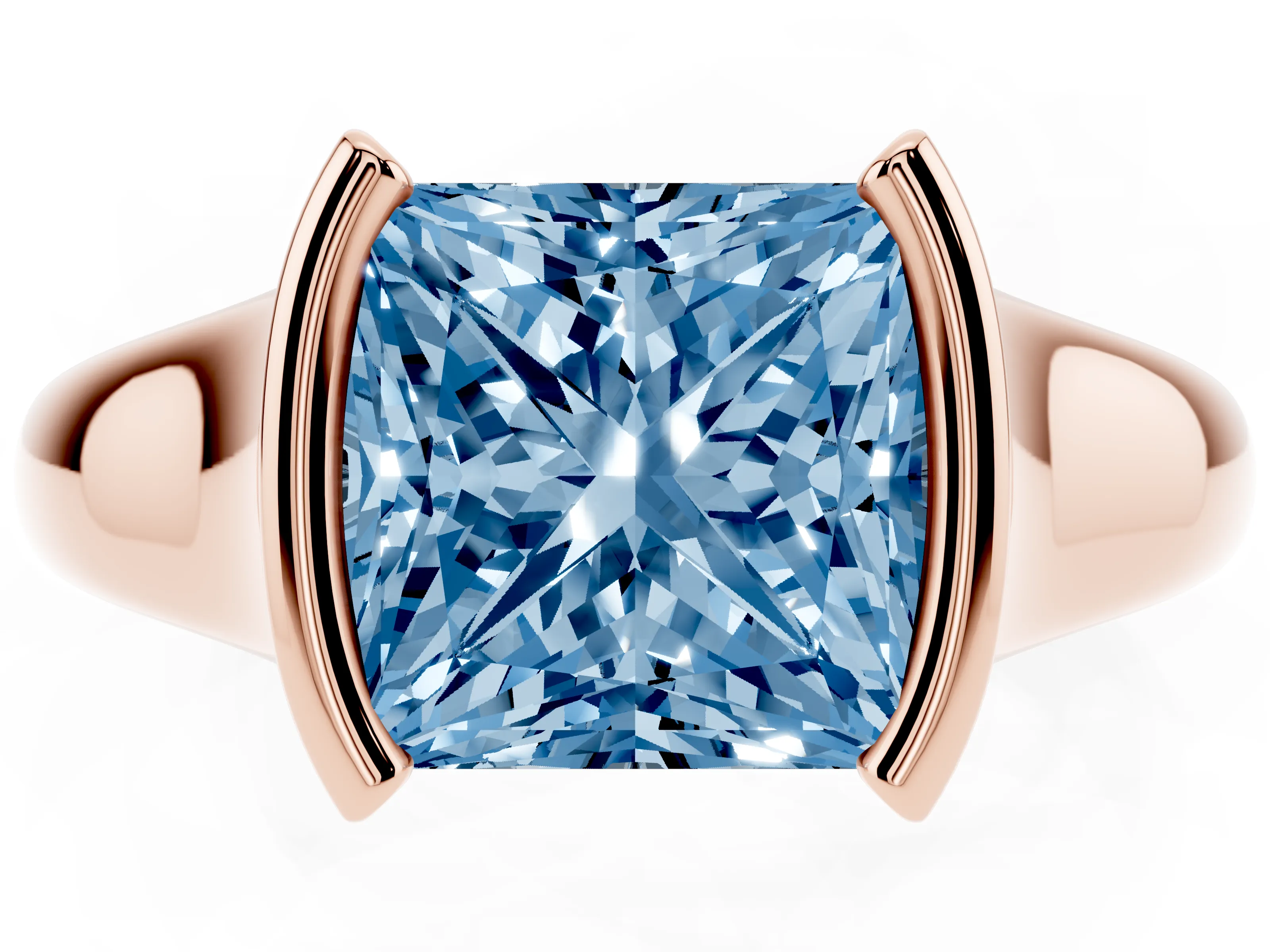 Fancy Blue Princess Cut Diamond Solitaire Tension Set Ring Set in Rose gold with Split Shank Band