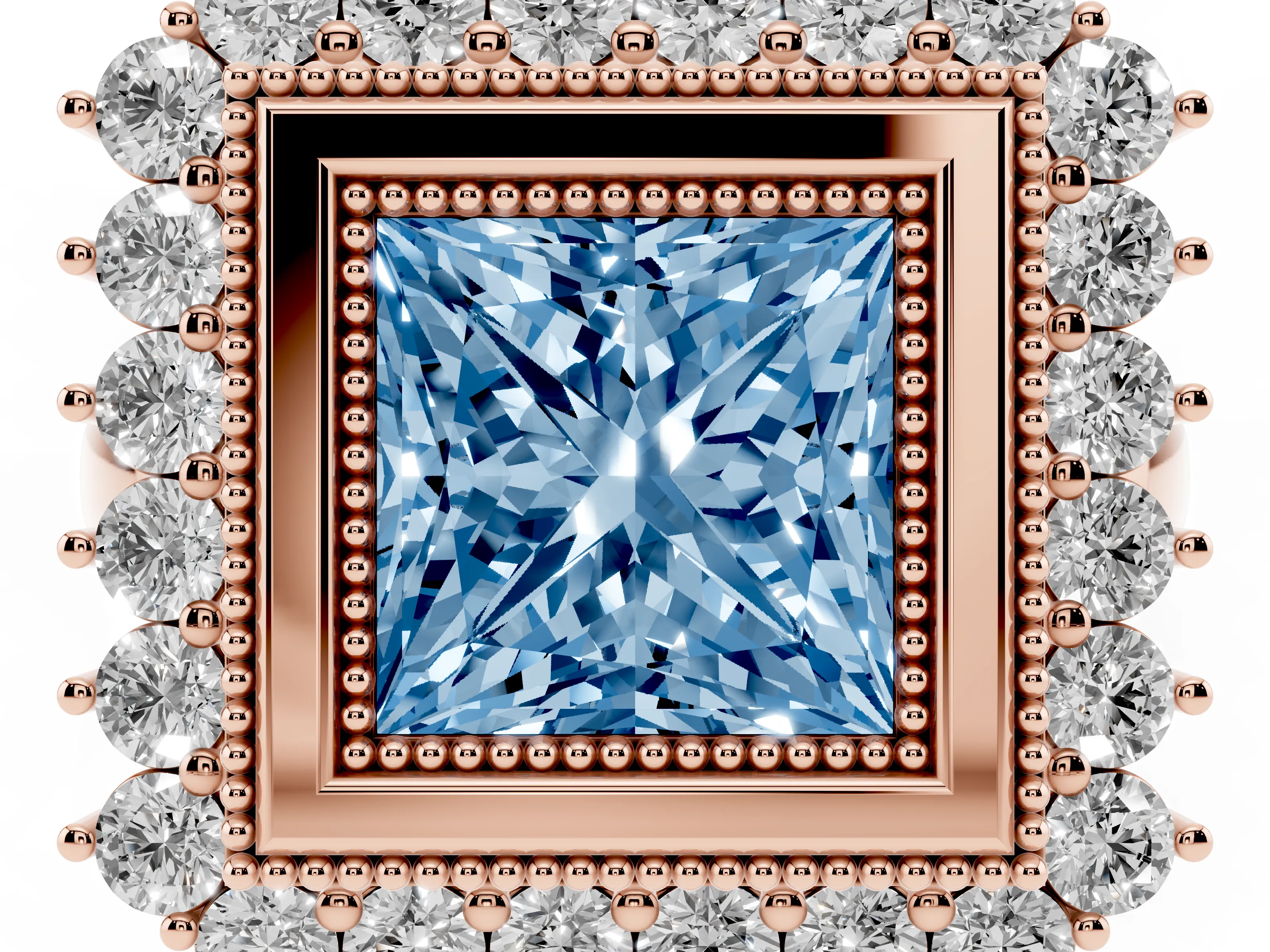 Fancy Blue Princess Cut Diamond Halo Ring Set in Rose gold with Milgrain Edge and Round Prong Setting