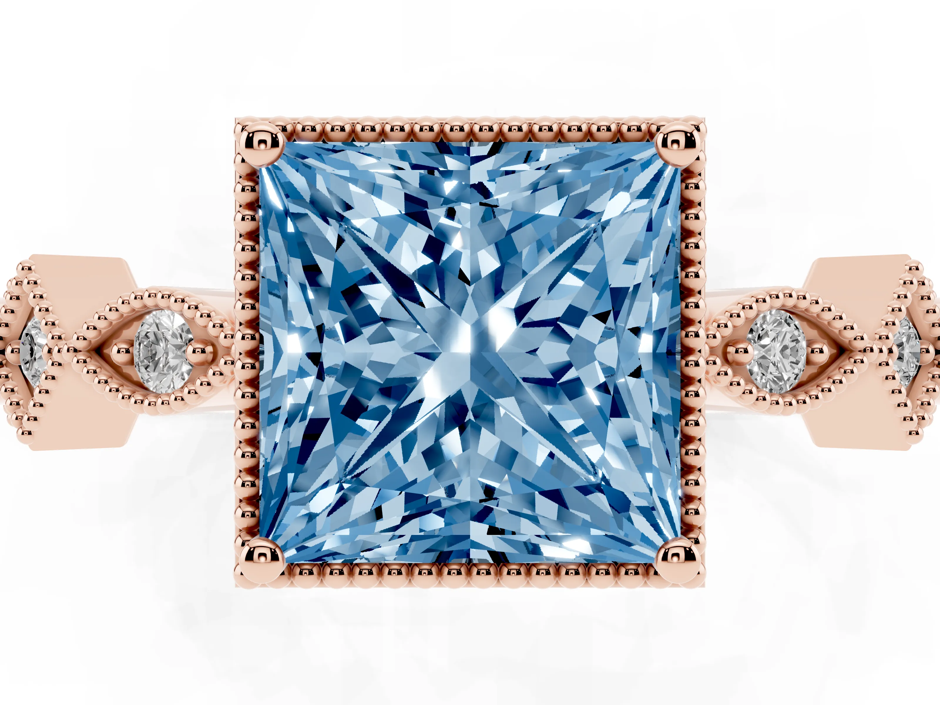 Fancy Blue Princess Cut Diamond Milgrain Marquise Twist Band Ring Set in Rose gold with Prong Setting