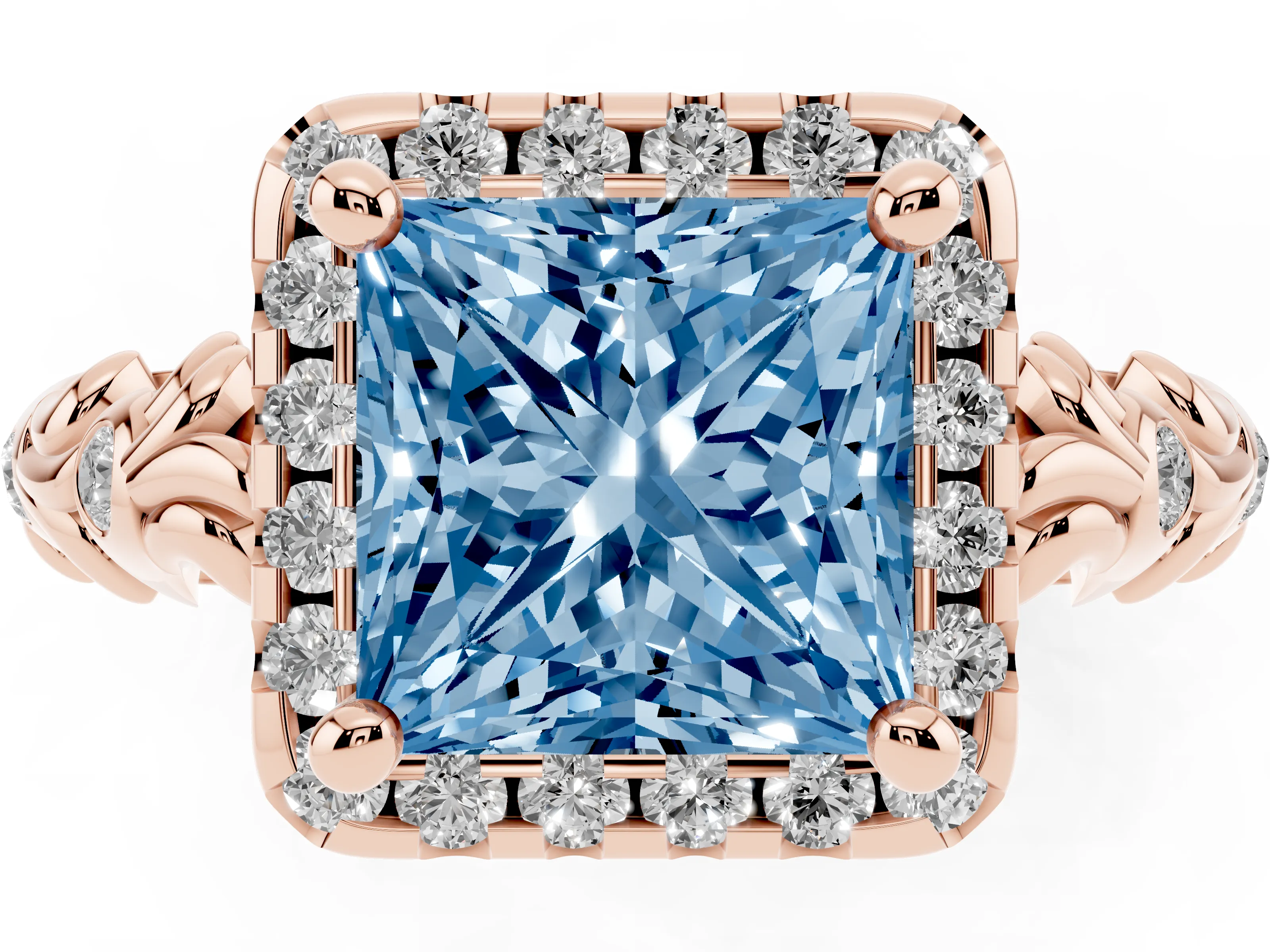 Fancy Blue Princess Cut Diamond Halo Ring Set in Rose gold with Filigree Leaf Band and Prong Setting