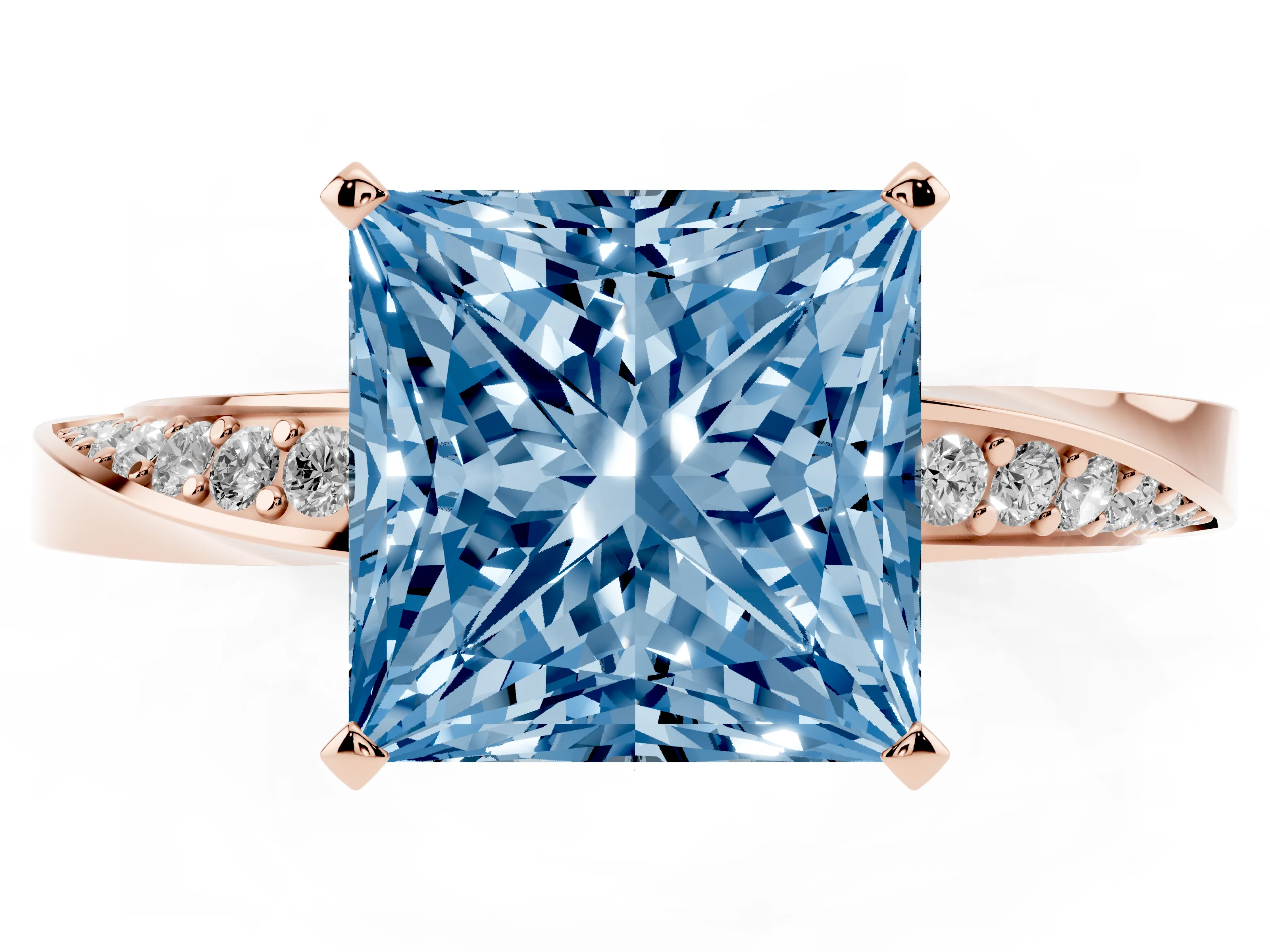 Fancy Blue Princess Cut Diamond Engagement Ring Set in Rose gold with Side Stone Accents and Prong Setting