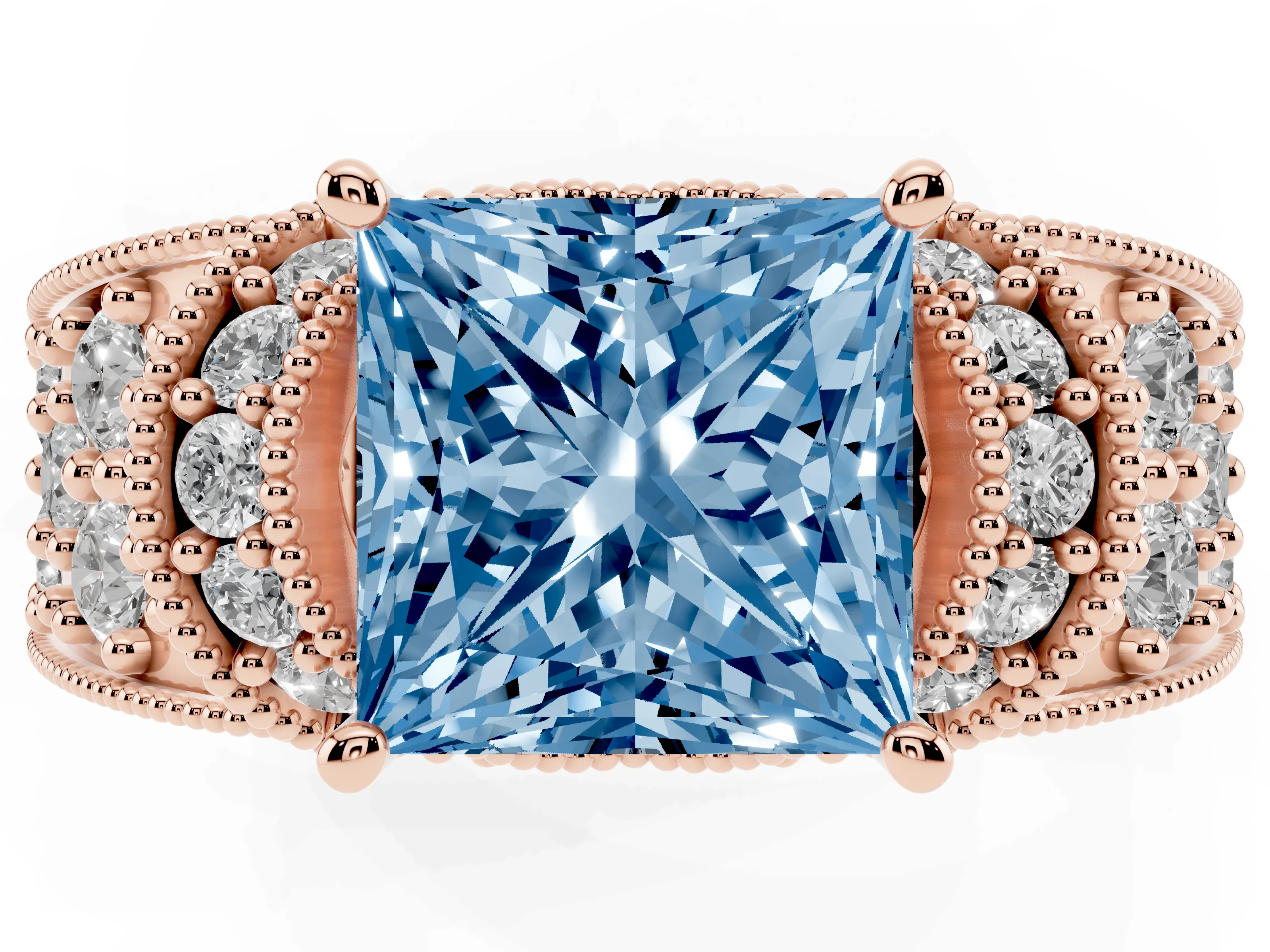 Fancy Blue Princess Cut Diamond Milgrain Halo Pavé Engagement Ring Set in Rose gold with Prong Setting
