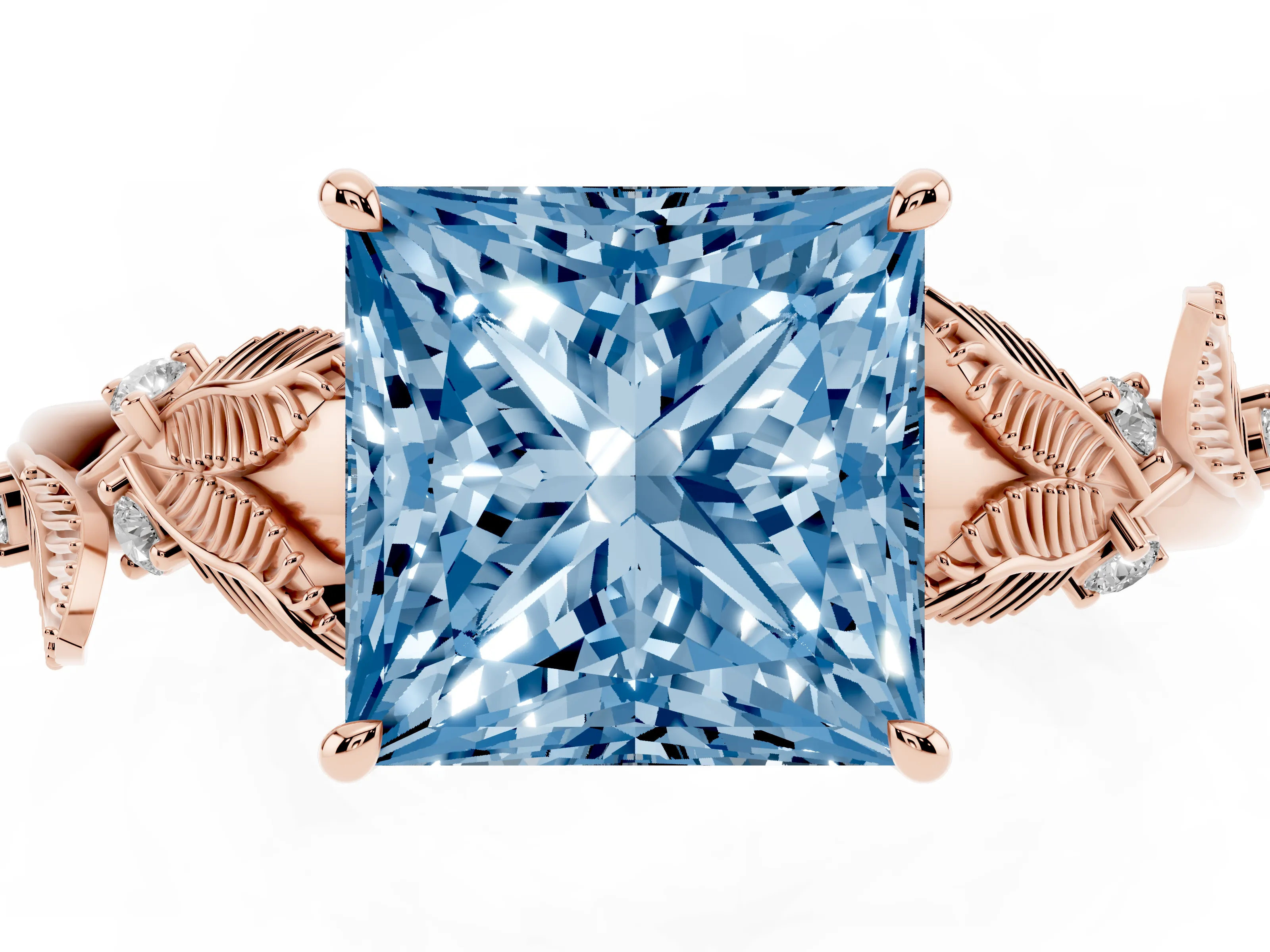 Fancy Blue Princess Cut Diamond Solitaire Ring Set in Rose gold with Leaf Motif Band