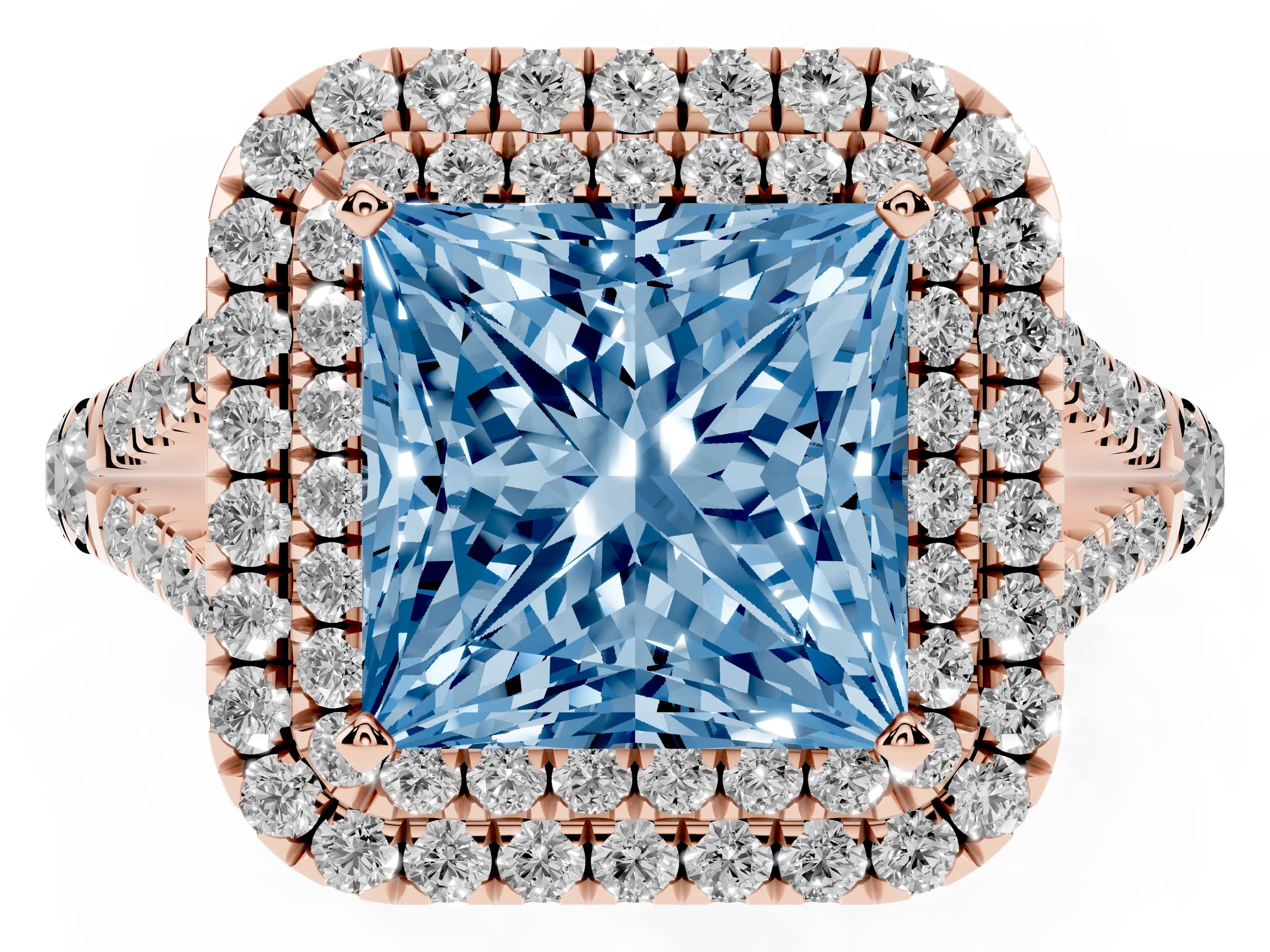 Fancy Blue Princess Cut Diamond Pavé Split Shank Double Halo Engagement Ring Set in Rose gold