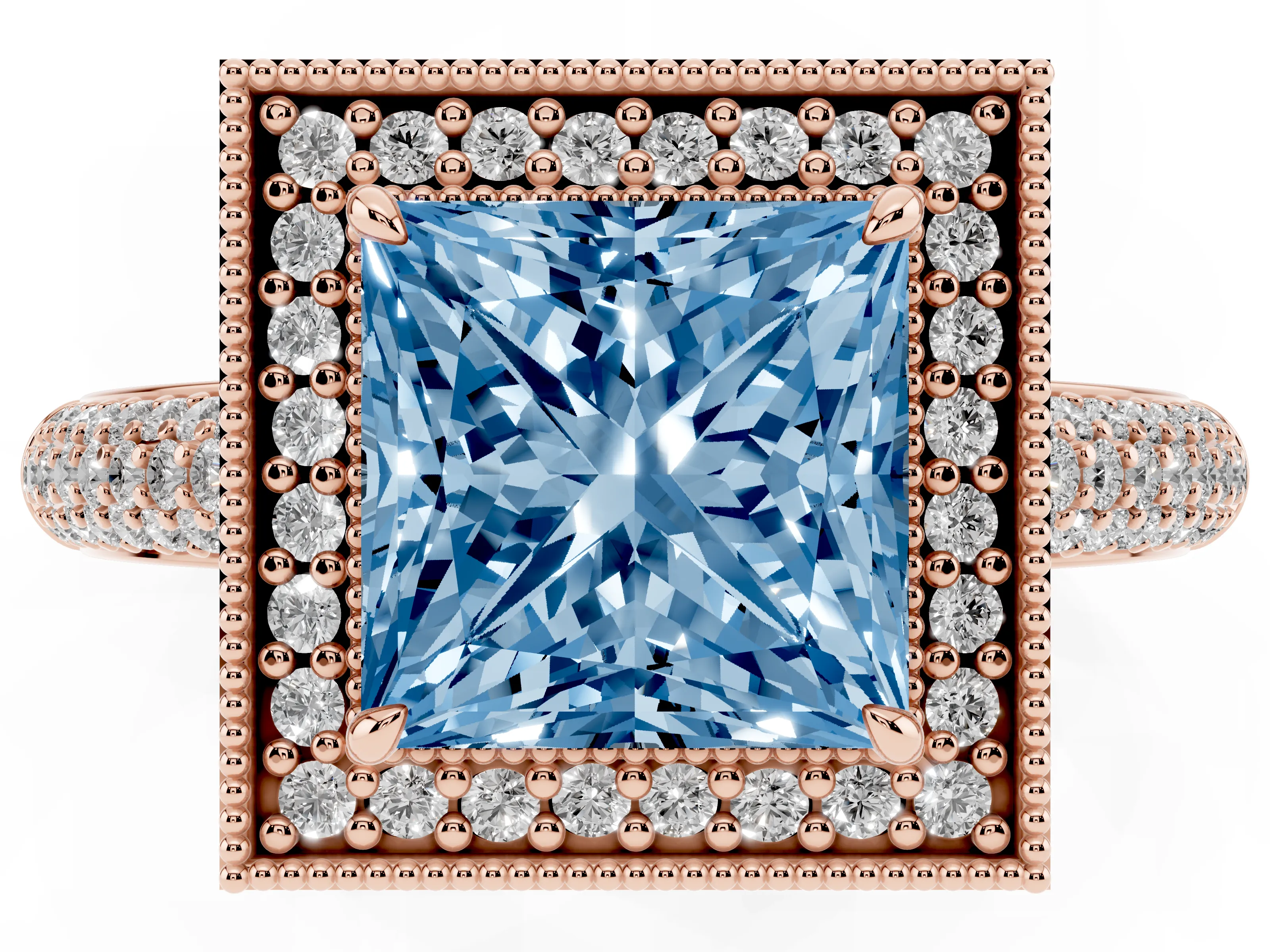 Fancy Blue Princess Cut Diamond Halo Pavé Band Set in Rose gold with Prong Setting