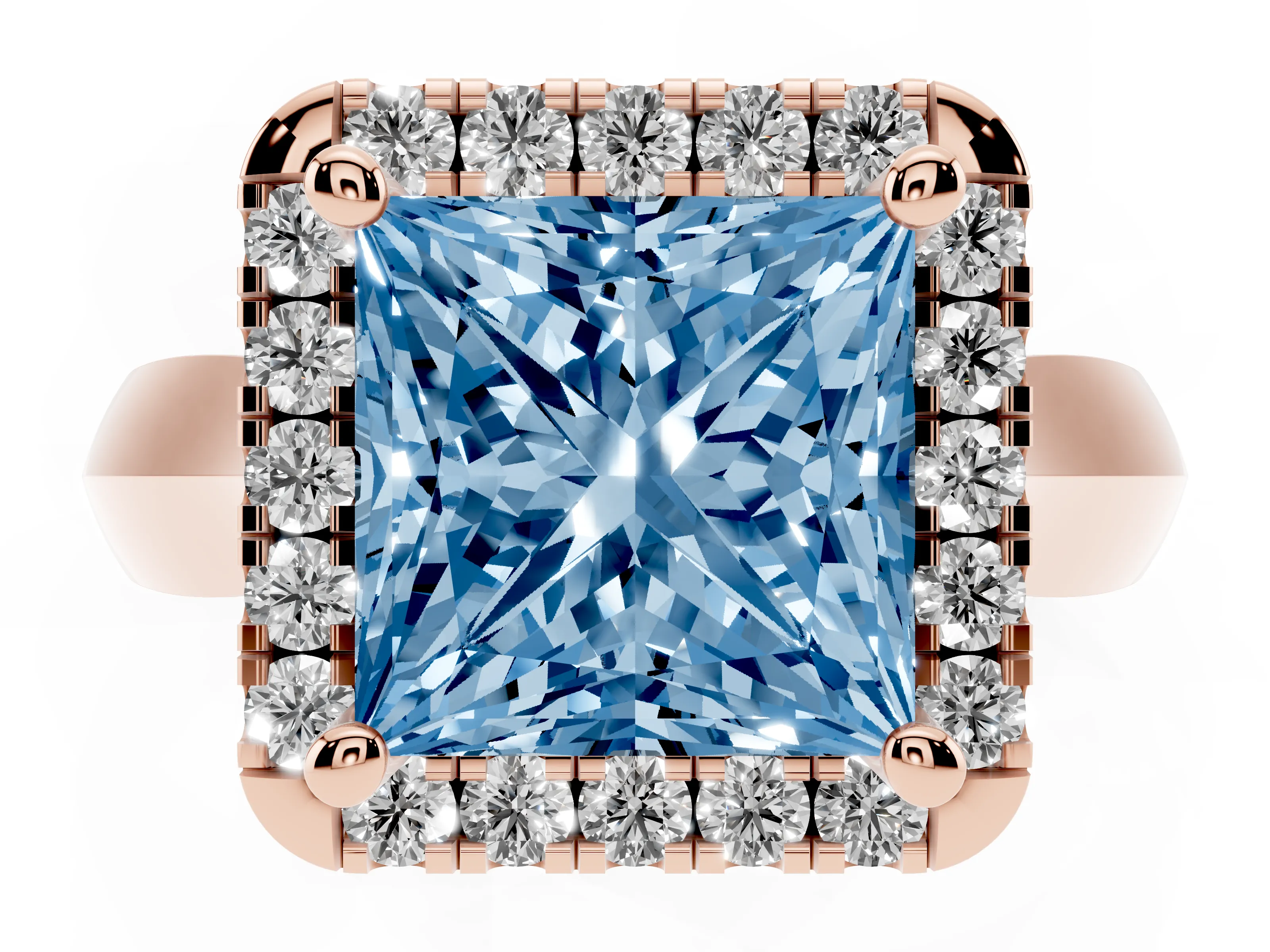 Fancy Blue Princess Cut Diamond Halo Solitaire Engagement Ring Set in Rose gold with Square Band and Prong Setting