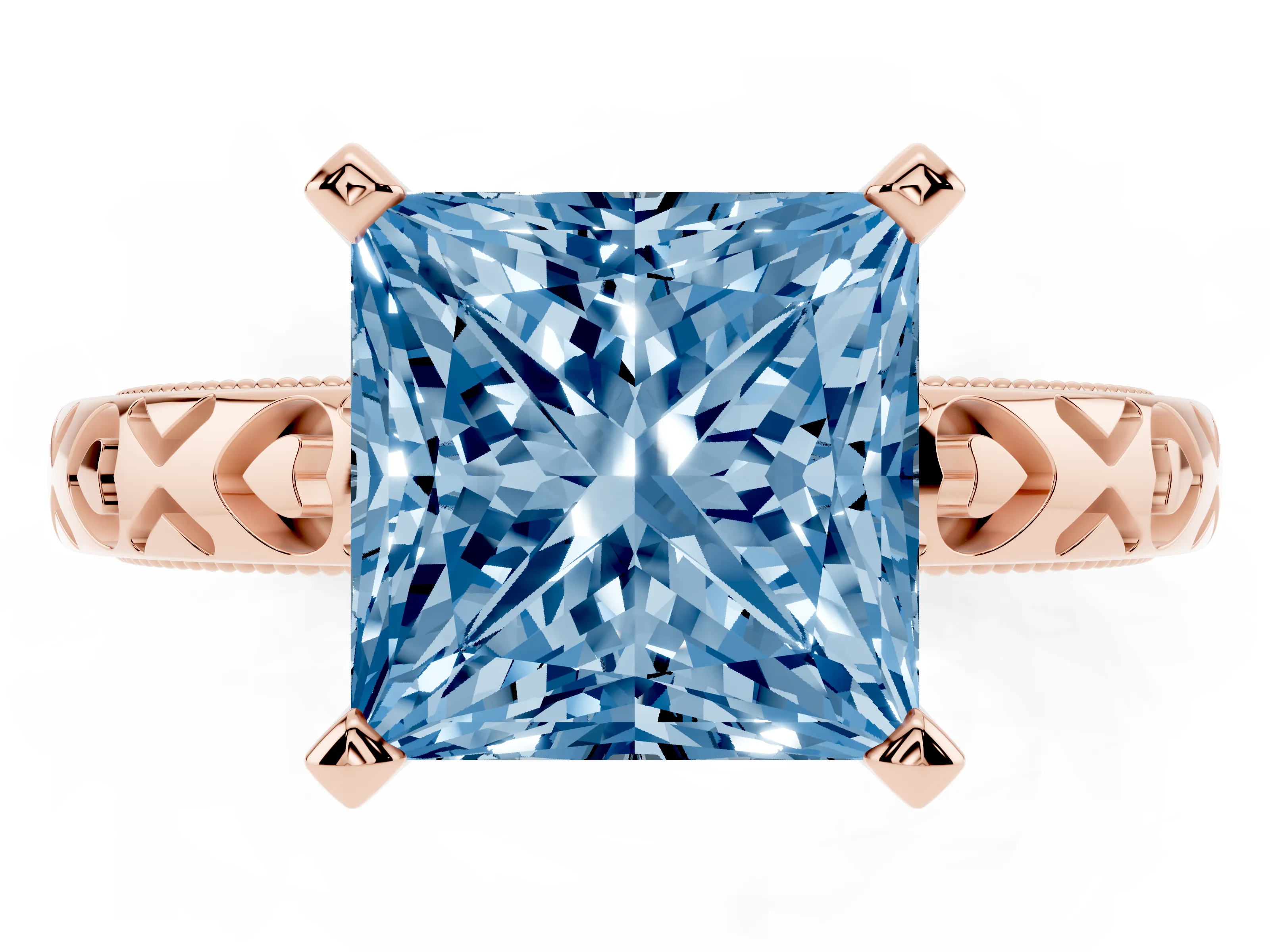 Fancy Blue Princess Cut Diamond Solitaire Engagement Ring Set in Rose gold with XO Engraved Band and Prong Setting