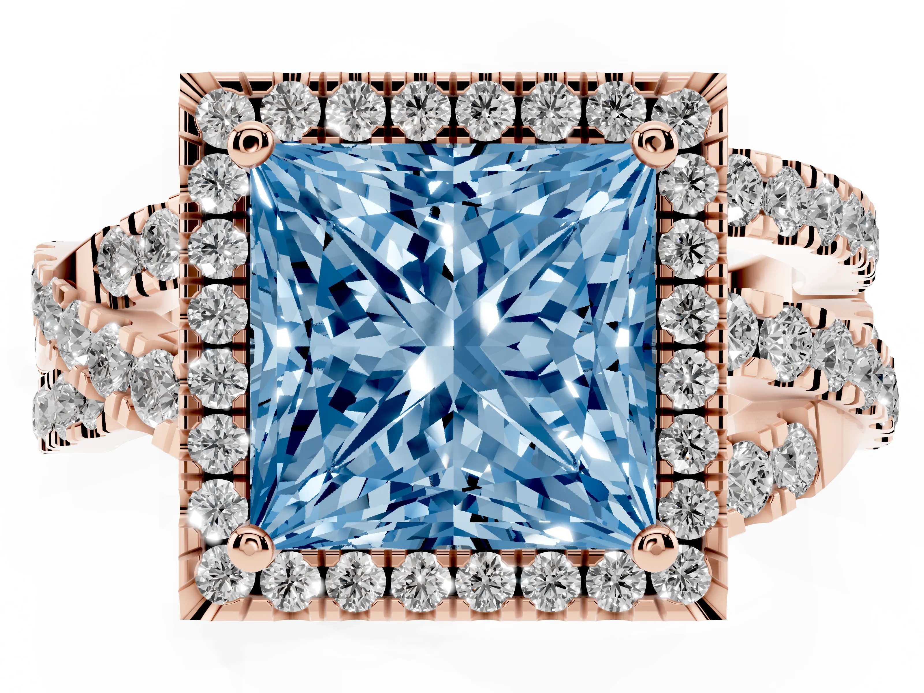 Fancy Blue Princess Cut Diamond Halo Ring Set in Rose gold with Round Crossover Split Shank and Prong Setting