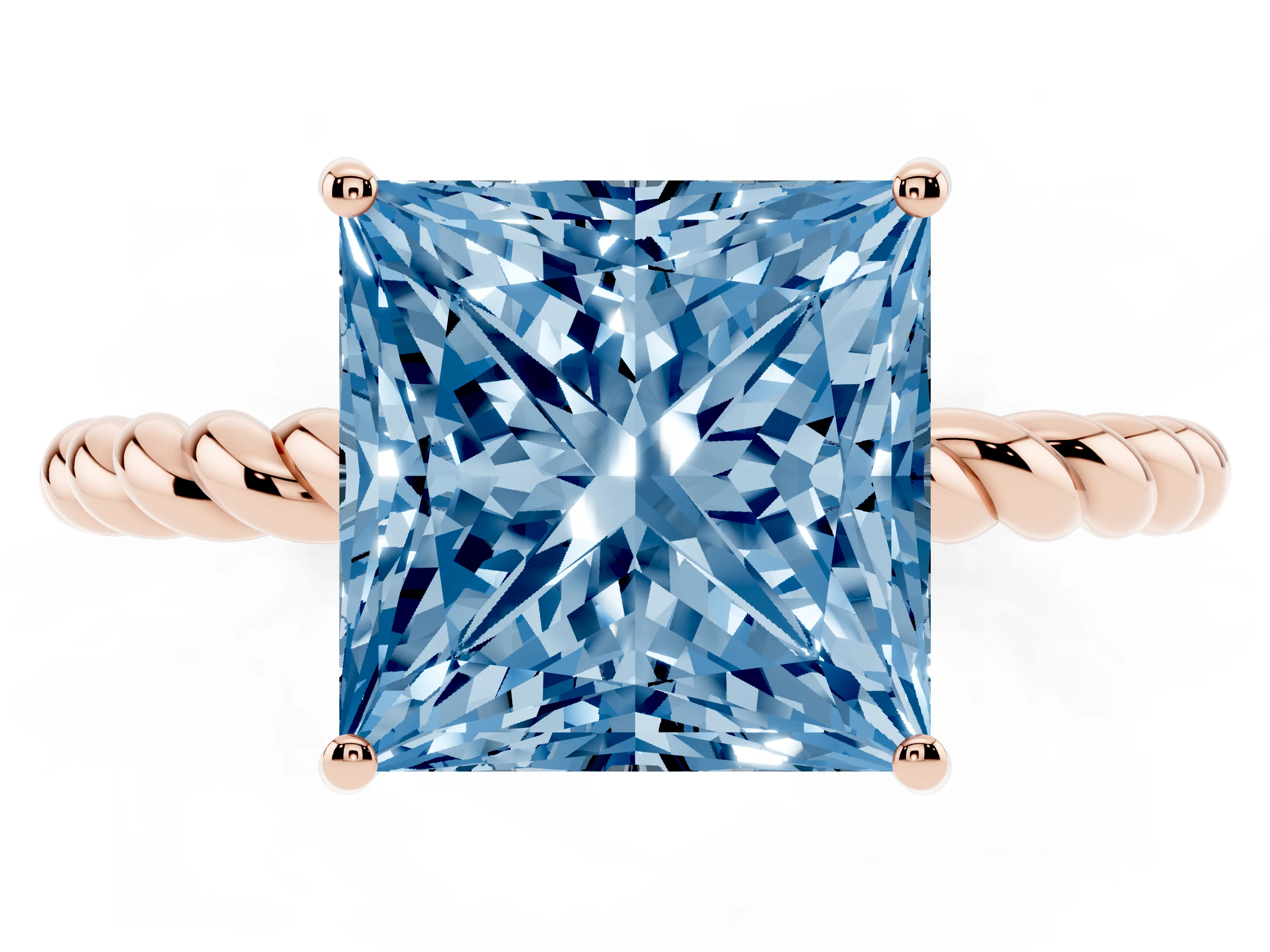 Fancy Blue Princess Cut Diamond Solitaire Ring Set in Rose gold with Twist Band and Prong Setting