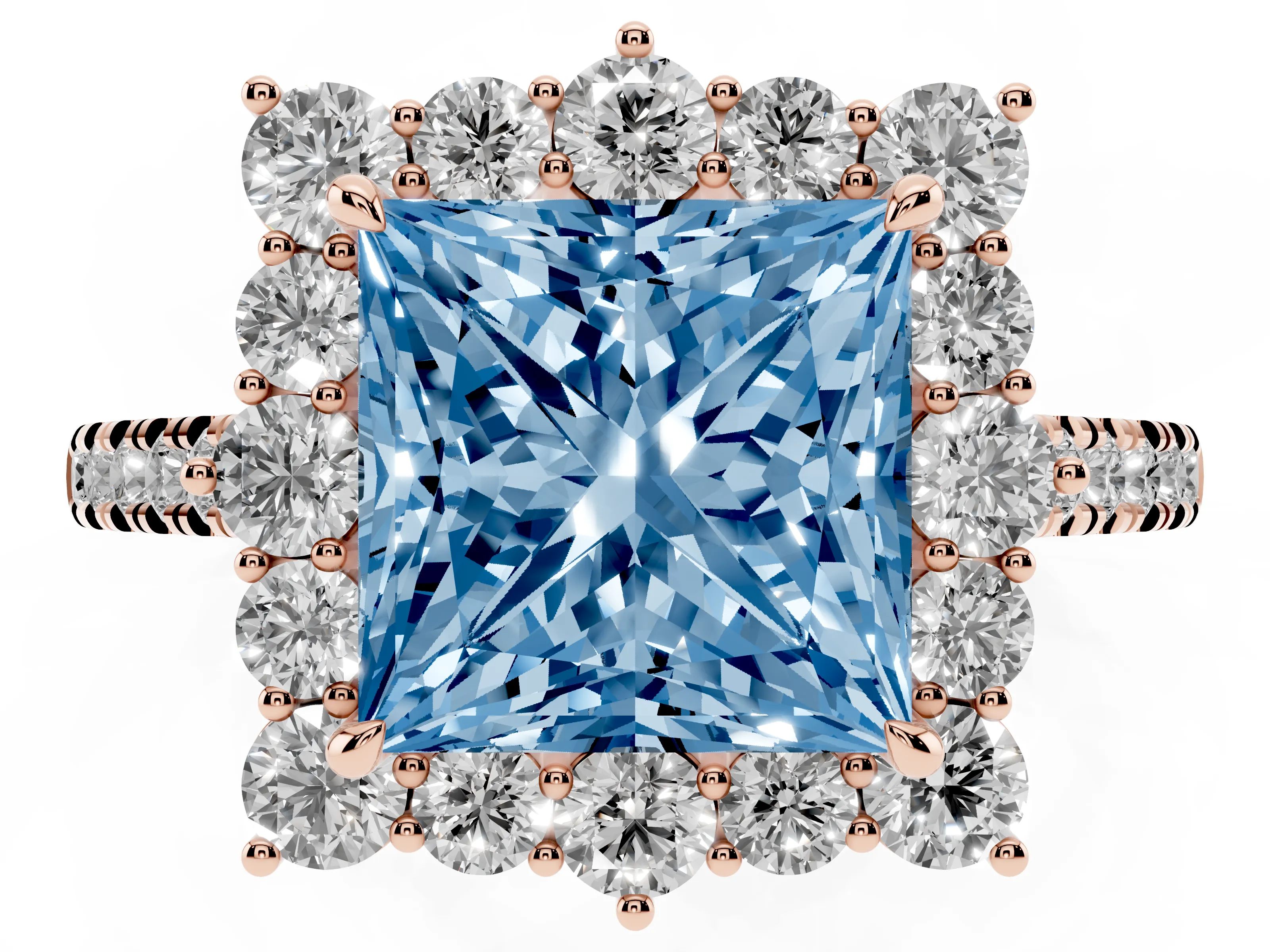 Fancy Blue Princess Cut Diamond Halo Ring Set in Rose gold with Pavé Band and Prong Setting