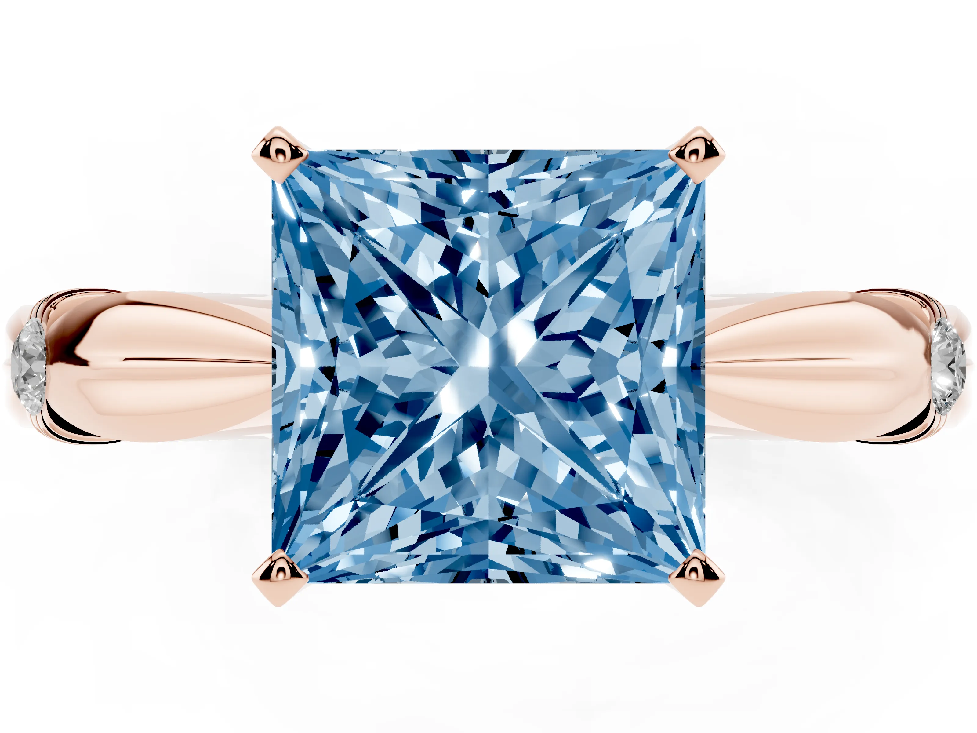 Fancy Blue Princess Cut Diamond Solitaire Twisted Band Ring Set in Rose gold with Accent Stones and Prong Setting