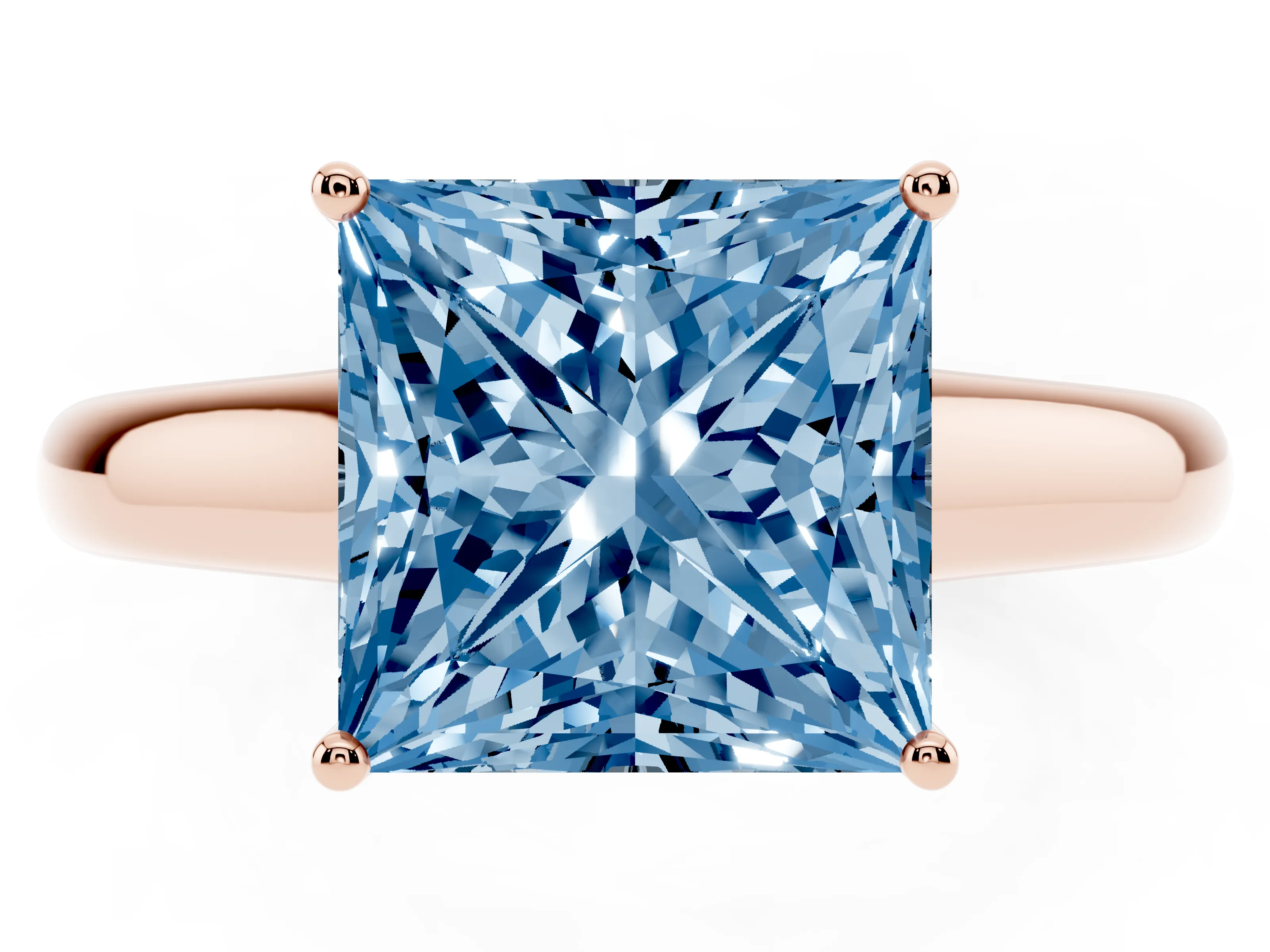 Fancy Blue Princess Cut Diamond Solitaire Engagement Ring Set in Rose gold with Subtly Tapered Band and Prong Setting