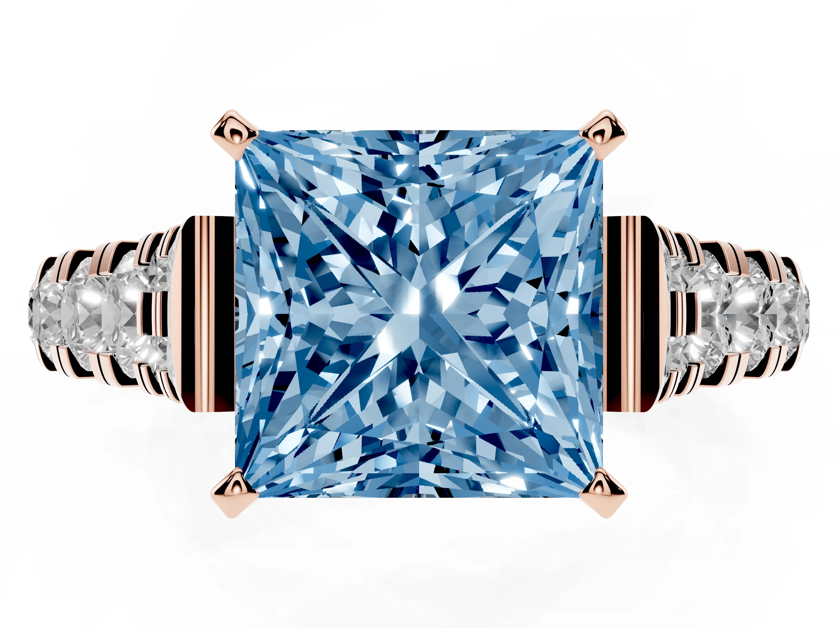 Fancy Blue Princess Cut Diamond Classic Solitaire Ring Set in Rose gold with Pavé Band and Prong Setting