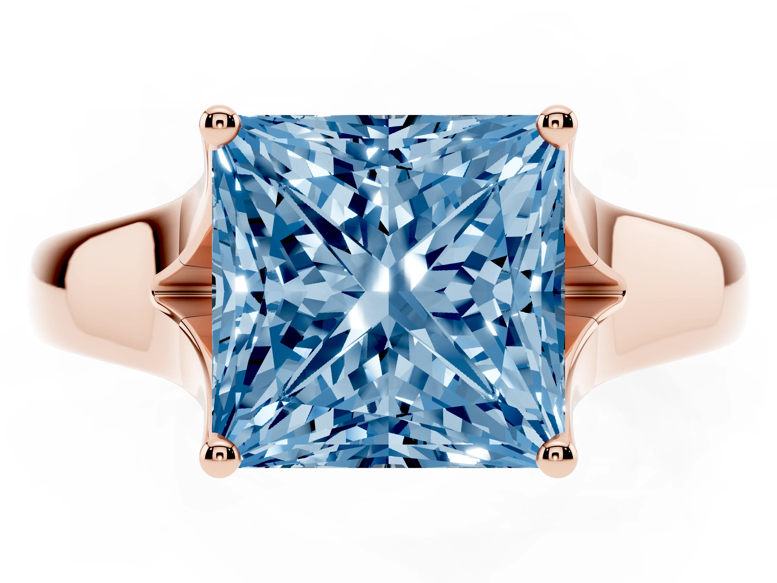 Fancy Blue Princess Cut Diamond Solitaire Ring Set in Rose gold with Arched Cathedral Band and Prong Setting