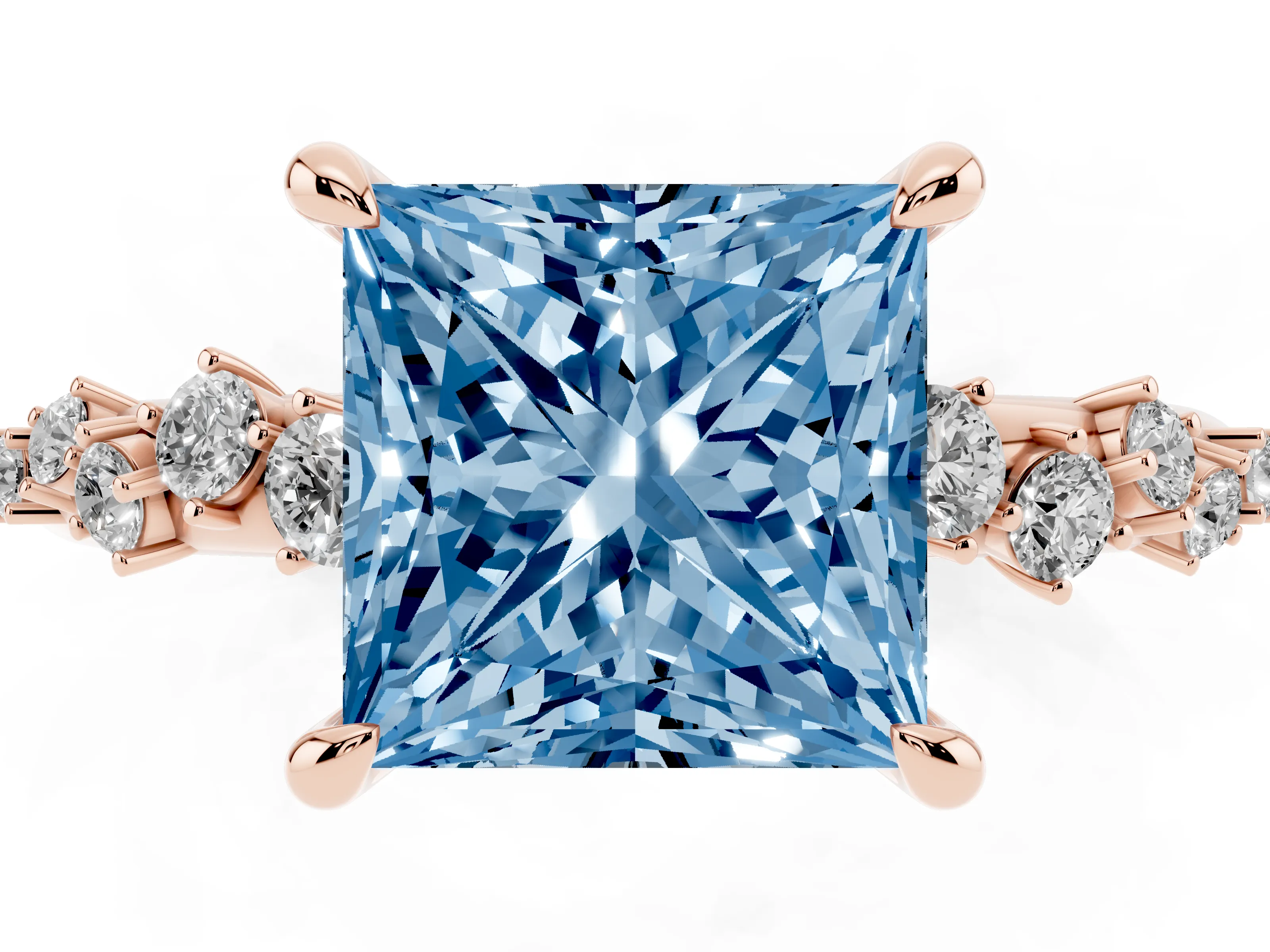 Fancy Blue Princess Cut Diamond Solitaire Vine Band Ring Set in Rose gold with Round Accents and Prong Setting