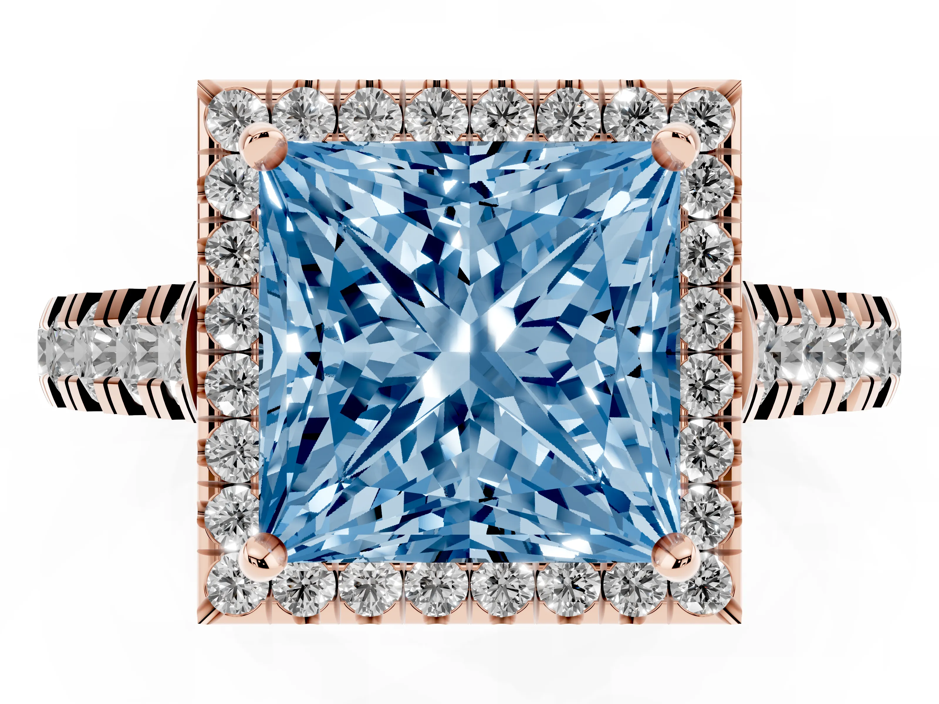 Fancy Blue Princess Cut Diamond Halo Engagement Ring Set in Rose gold with Pavé Band and Prong-Set Center