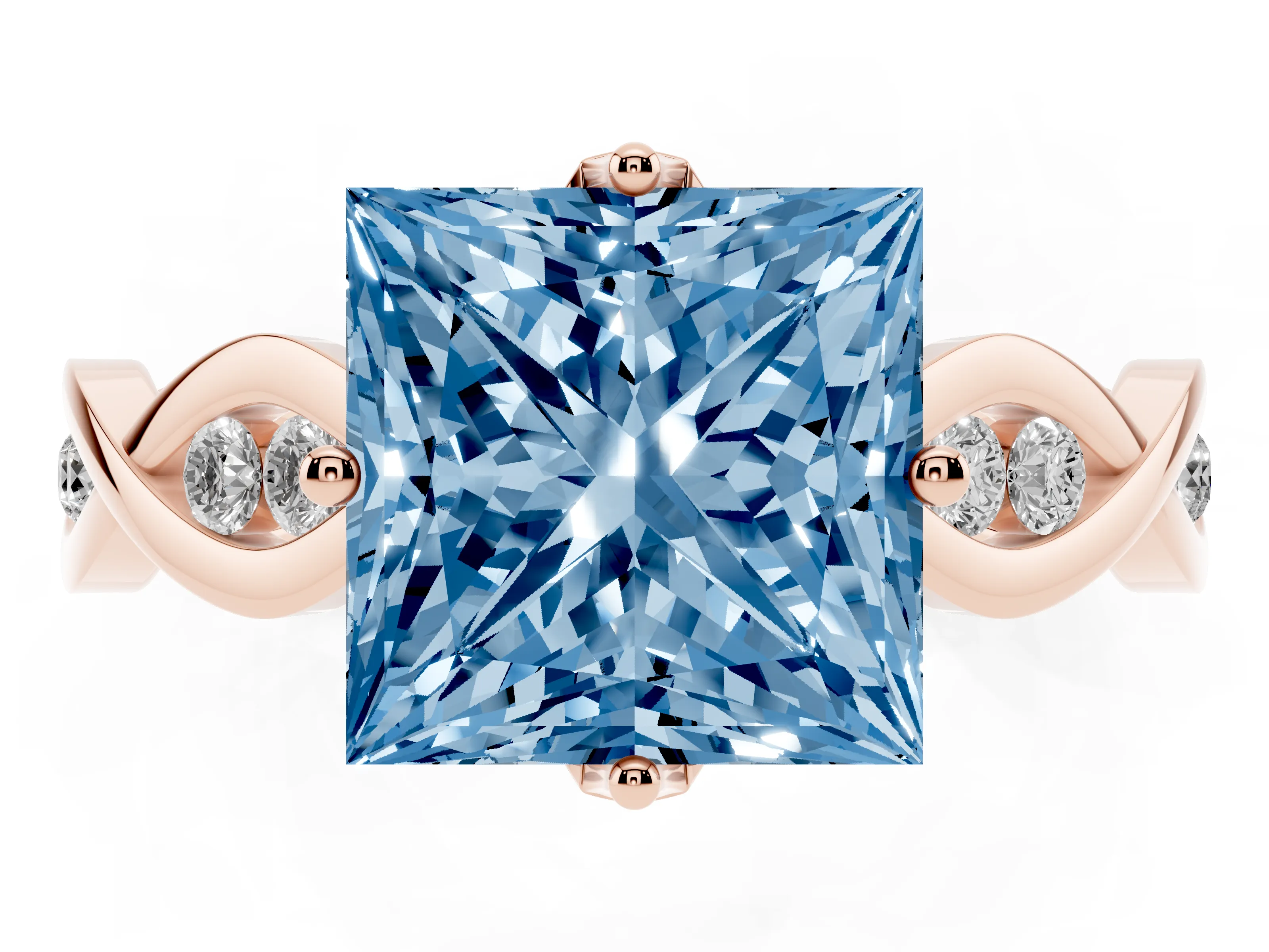 Fancy Blue Princess Cut Diamond Twist Band Solitaire Ring Set in Rose gold with Leaf Prong Setting and Accent Stones