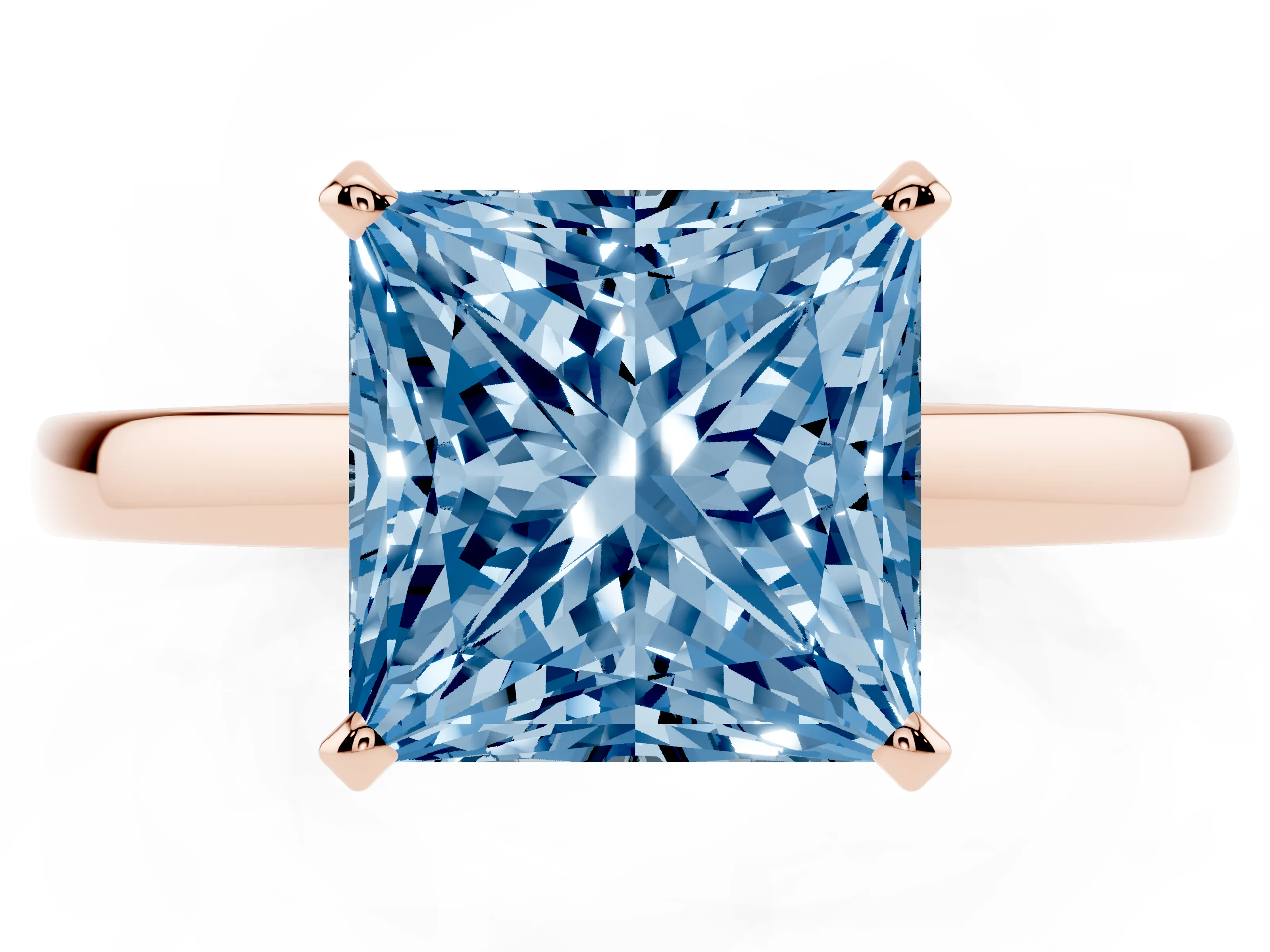 Fancy Blue Princess Cut Diamond Solitaire Engagement Ring Set in Rose gold with Prong Setting on a Classic Band
