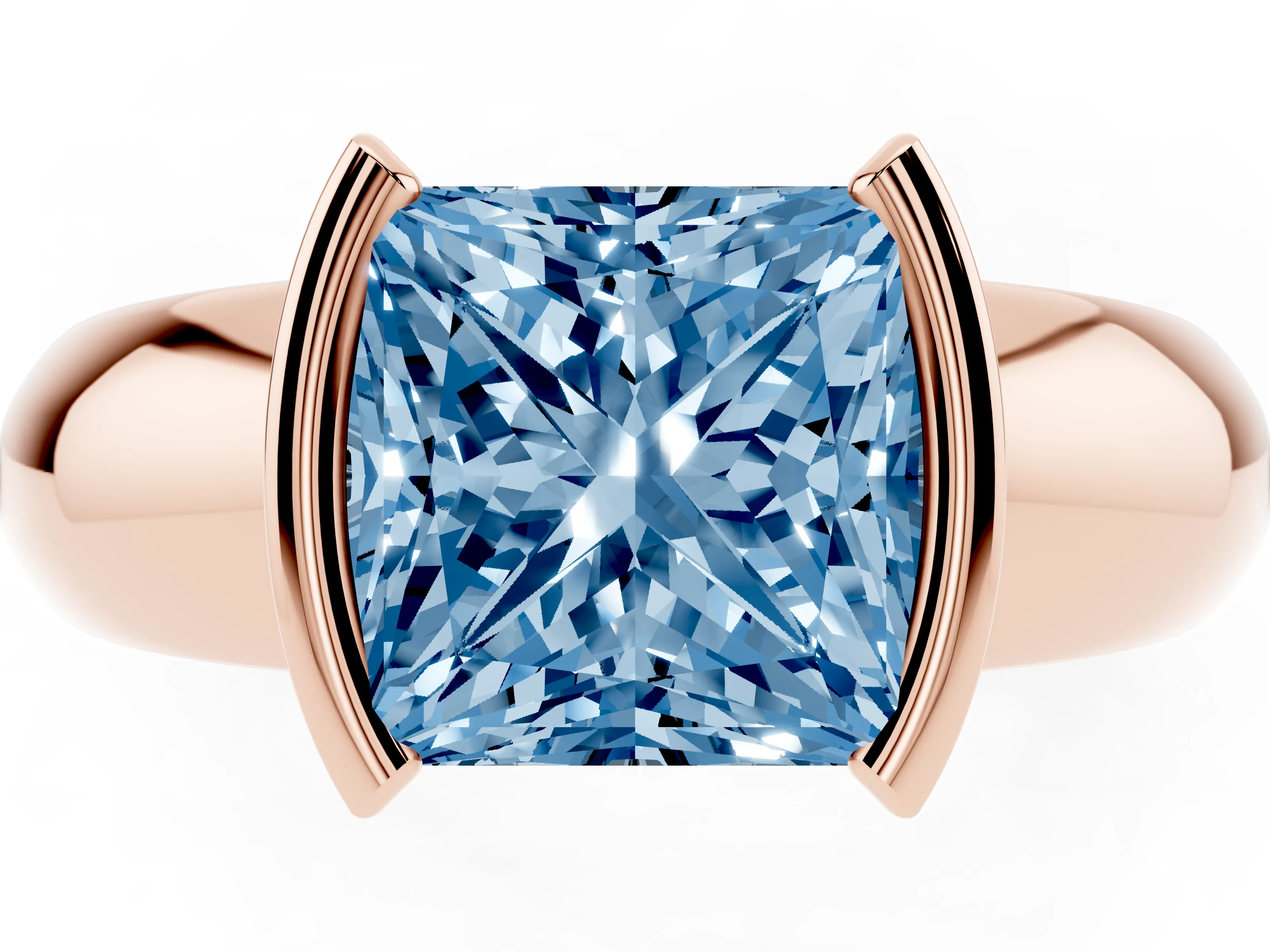 Fancy Blue Princess Cut Diamond Solitaire Tension Set Ring Set in Rose gold with Wide Band