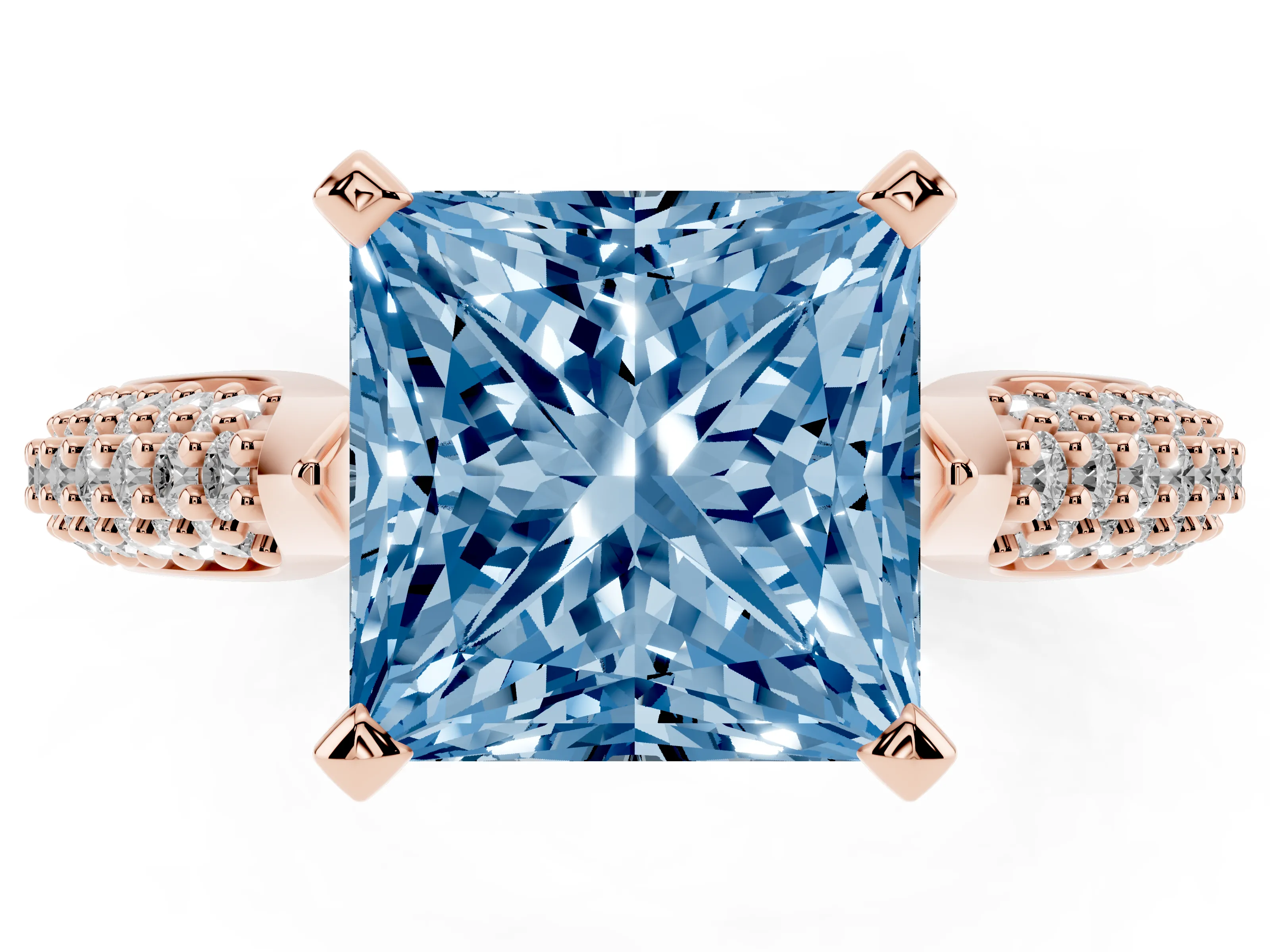 Fancy Blue Princess Cut Diamond Solitaire Engagement Ring Set in Rose gold with Multi-Row Round Pavé Band and Prong Setting