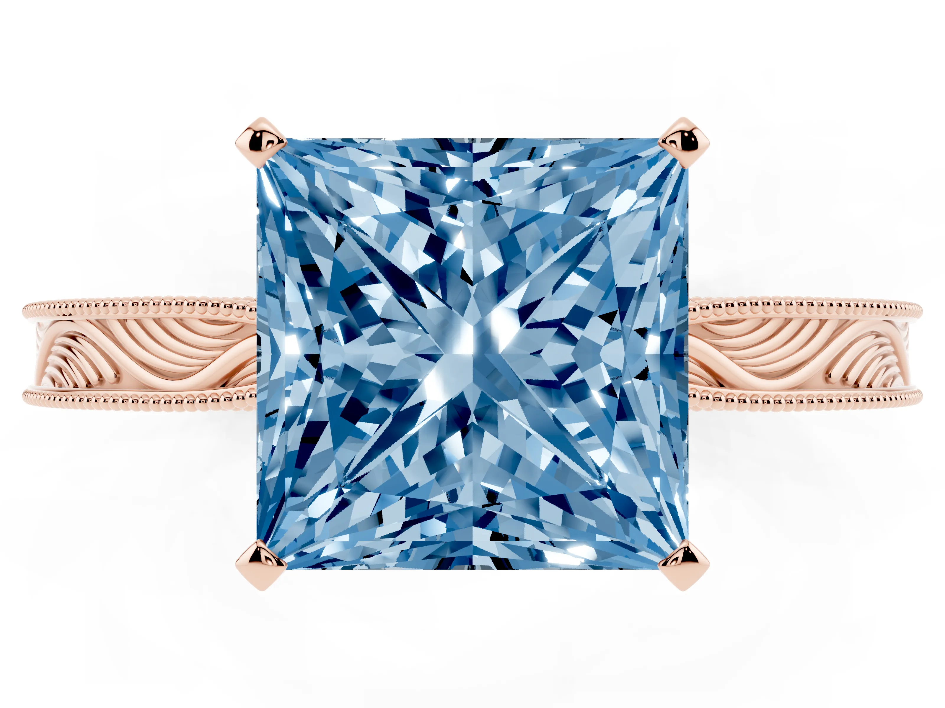 Fancy Blue Princess Cut Diamond Solitaire Milgrain Engraved Band Set in Rose gold with Prong Setting