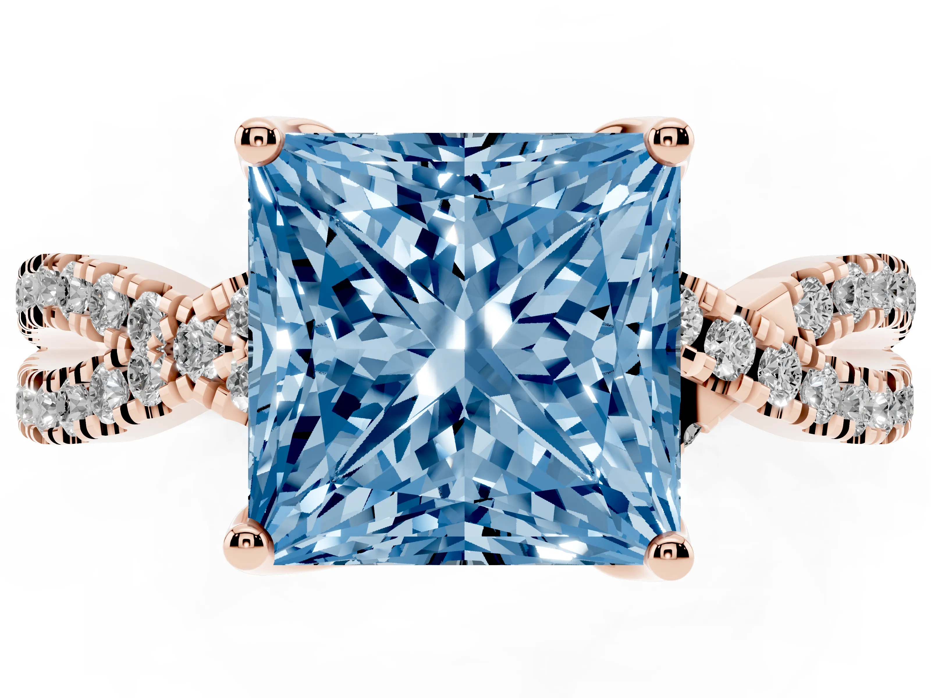 Fancy Blue Princess Cut Diamond Twist Pavé Solitaire Engagement Ring Set in Rose gold with Prong Setting