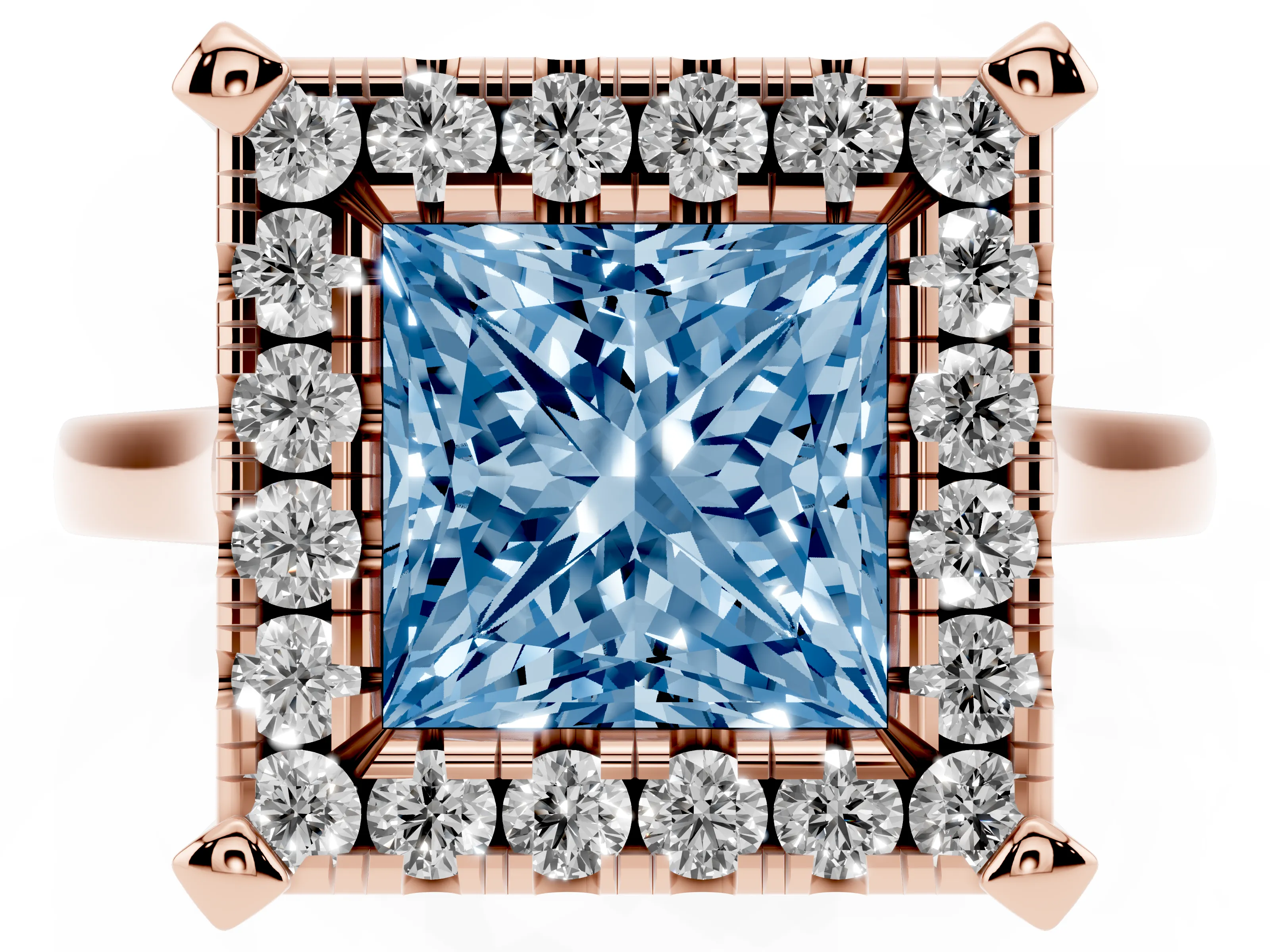 Fancy Blue Princess Cut Diamond Cluster Halo Solitaire Ring Set in Rose gold with Prong Setting