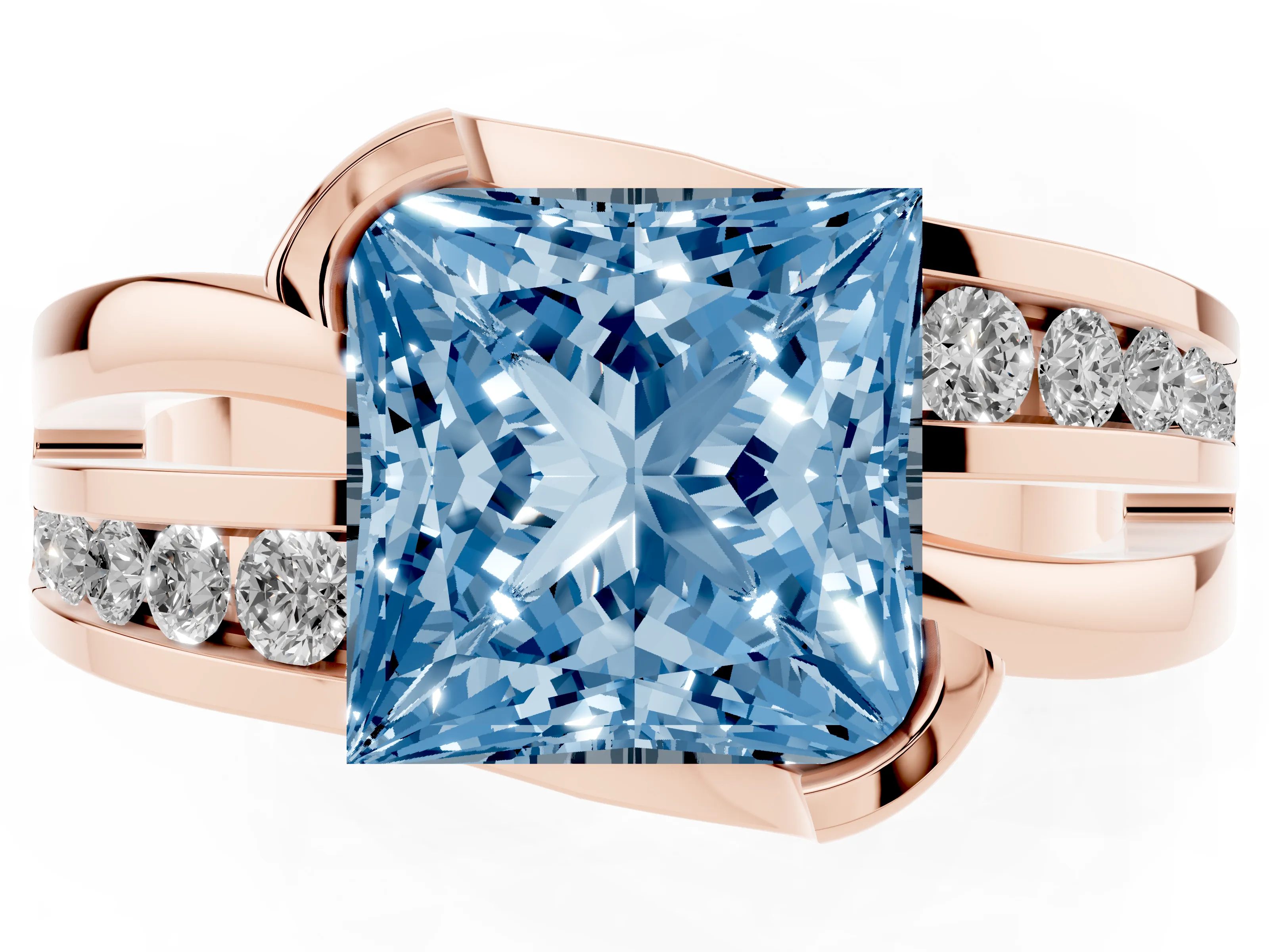 Fancy Blue Princess Cut Diamond Solitaire Ring Set in Rose gold with Channel Set Split Shank and Tension Prongs