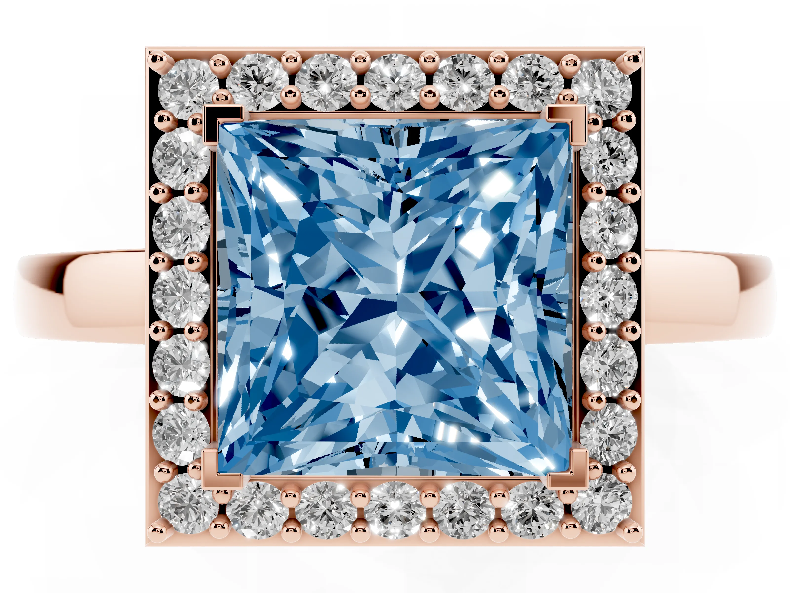 Fancy Blue Princess Cut Diamond Halo Ring Set in Rose gold with Solitaire Band and Prong Setting