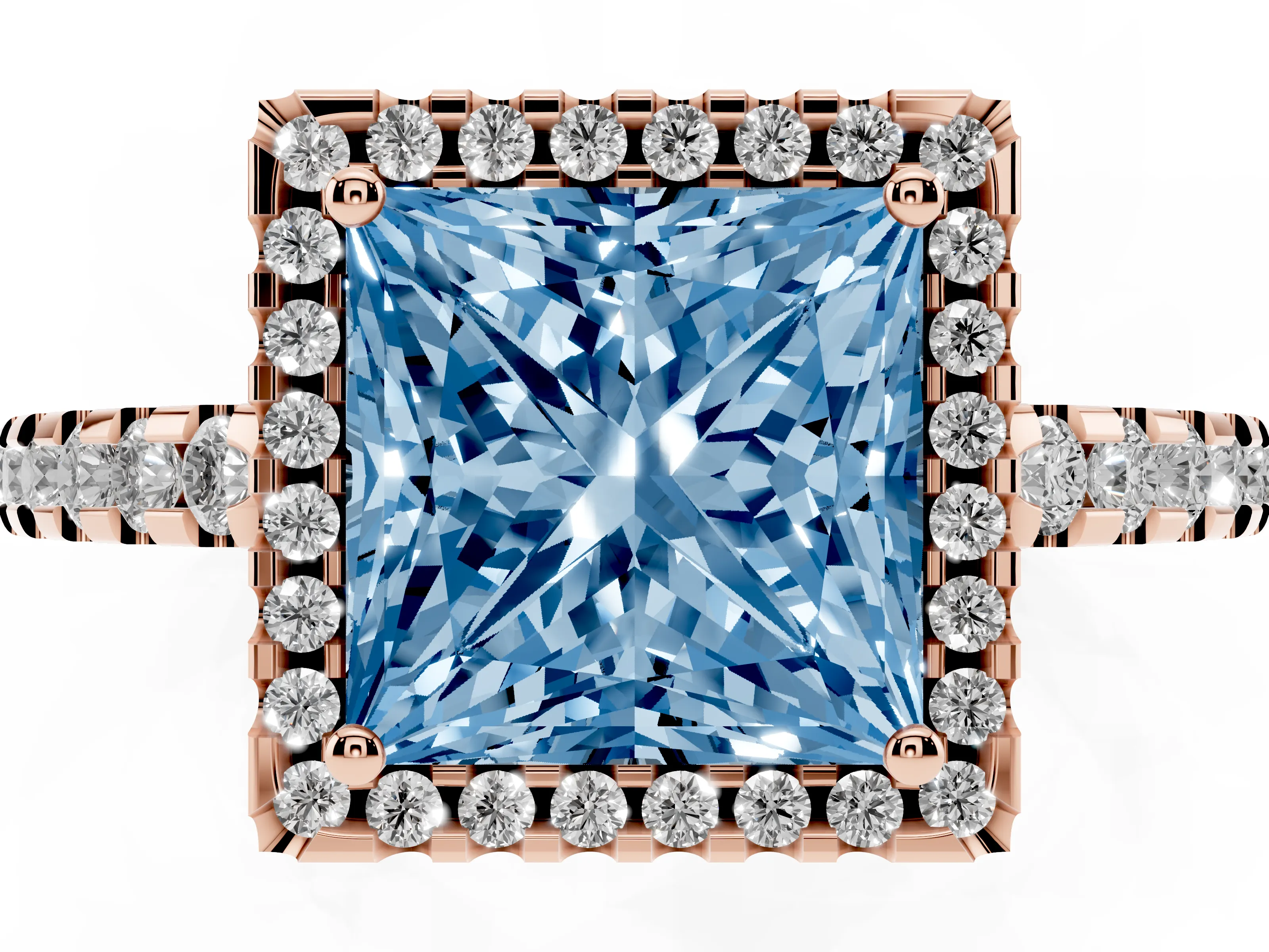 Fancy Blue Princess Cut Diamond Halo Ring Set in Rose gold with Pavé Shoulders and Halo-Framed Center