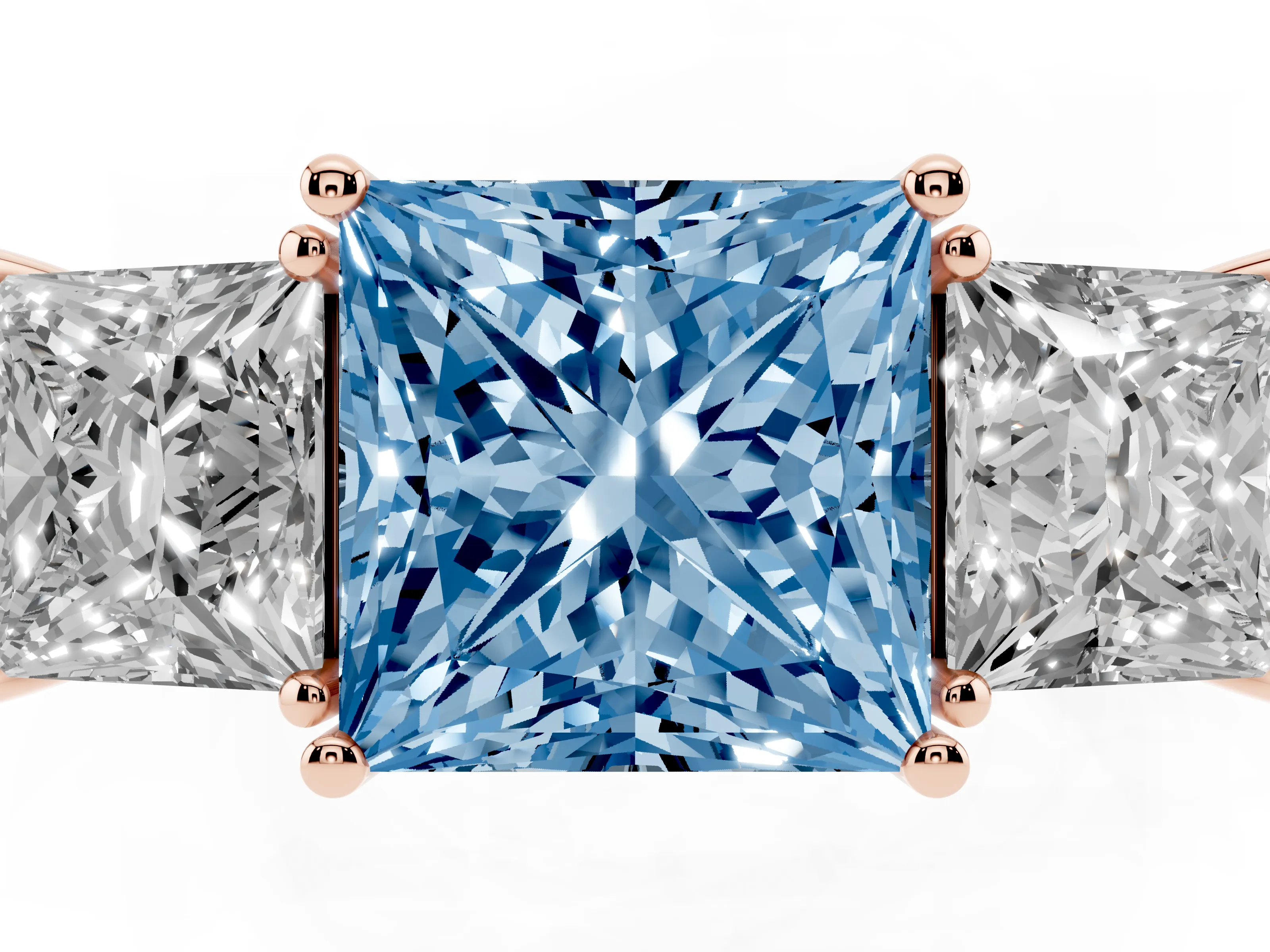 Fancy Blue Princess Cut Diamond Three-Stone Engagement Ring Set in Rose gold with Flat Band
