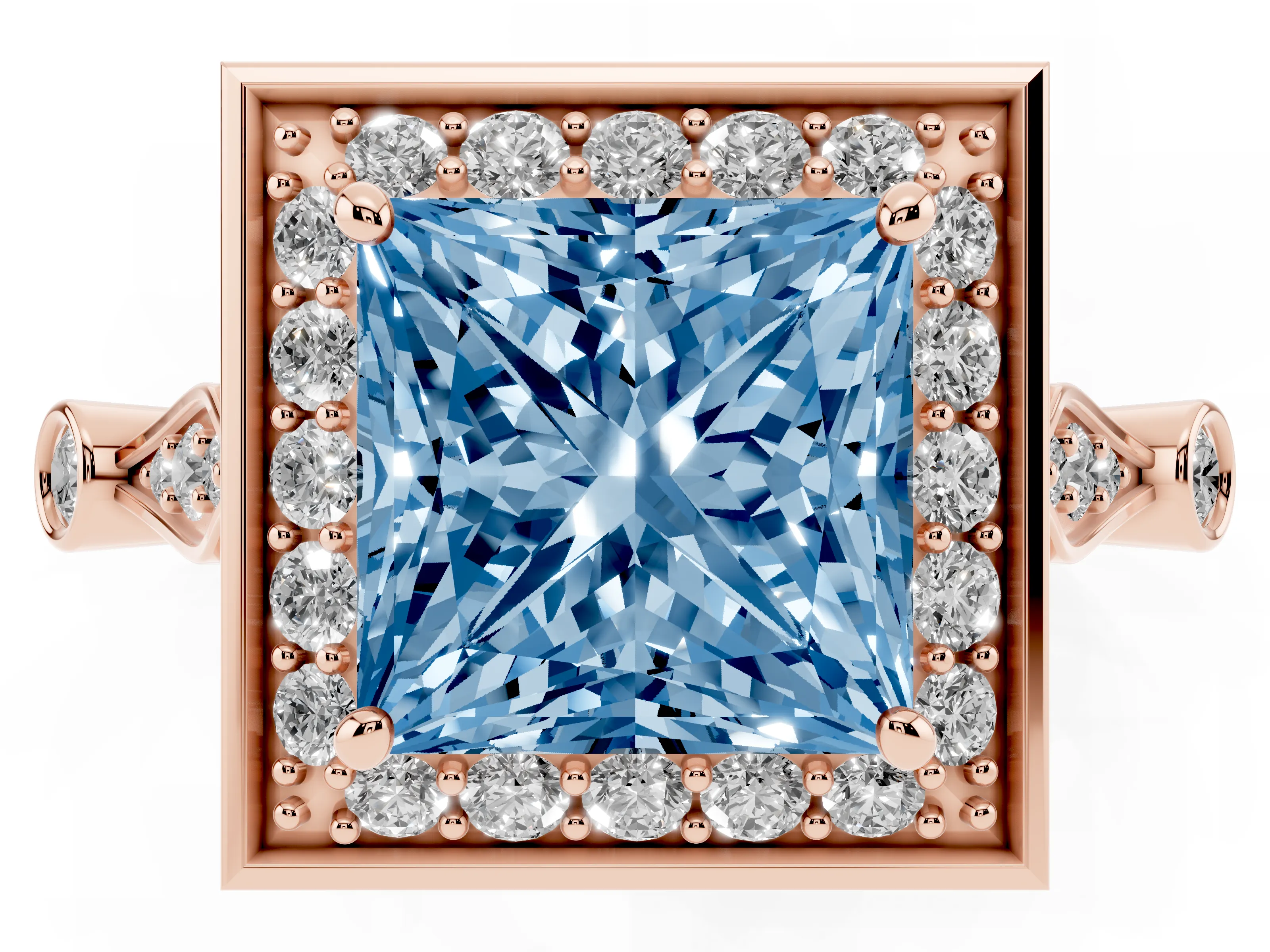 Fancy Blue Princess Cut Diamond Halo Engagement Ring Set in Rose gold with Twisted Band and Prong Setting