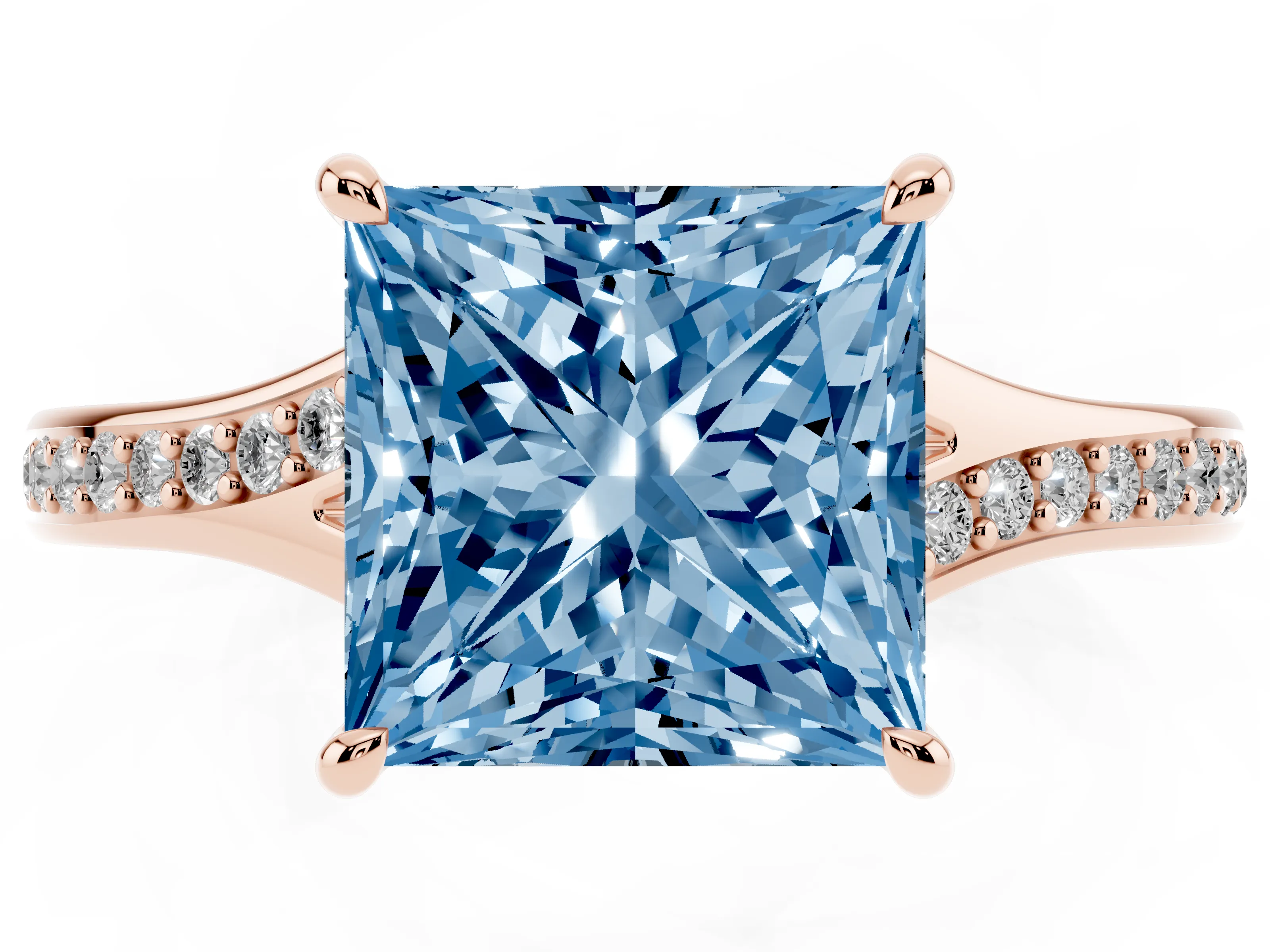 Fancy Blue Princess Cut Diamond Solitaire Ring Set in Rose gold with Pavé Accent Band and Classic Prong Setting