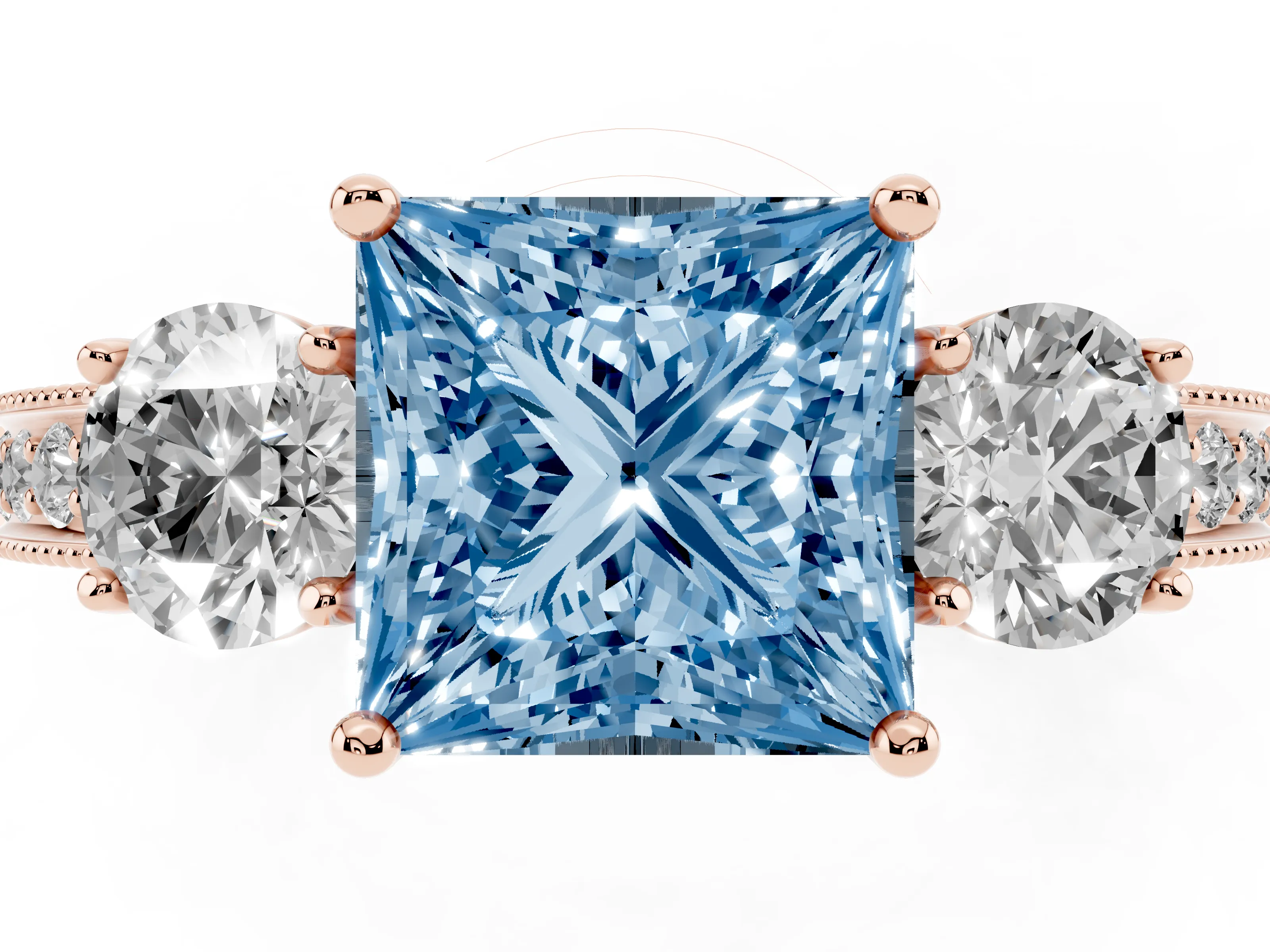 Fancy Blue Princess Cut Diamond Three-Stone Ring Set in Rose gold with Round Side Stones and Pavé Band