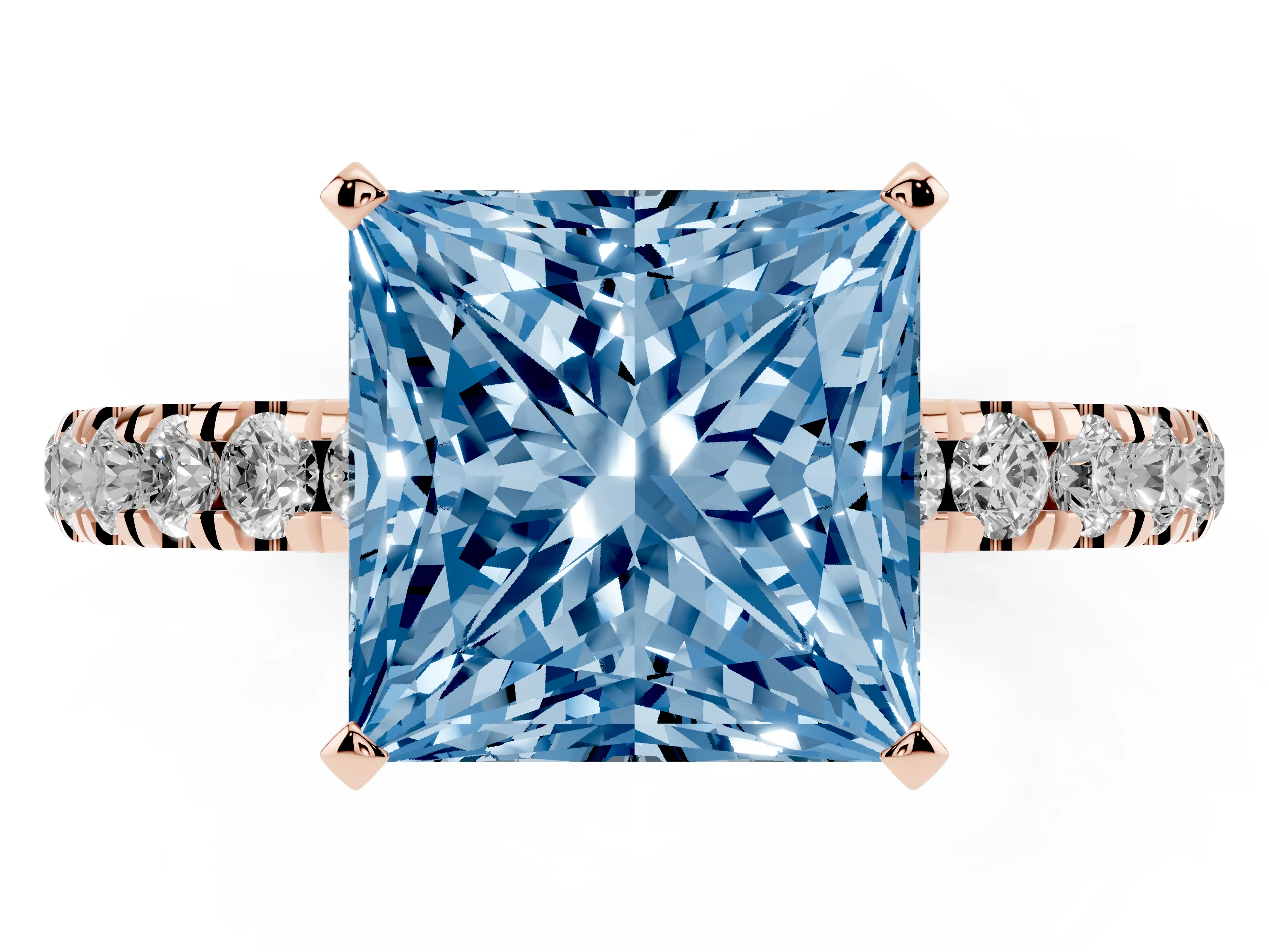 Fancy Blue Princess Cut Diamond Solitaire Ring Set in Rose gold with Pavé Accents and Prong Setting
