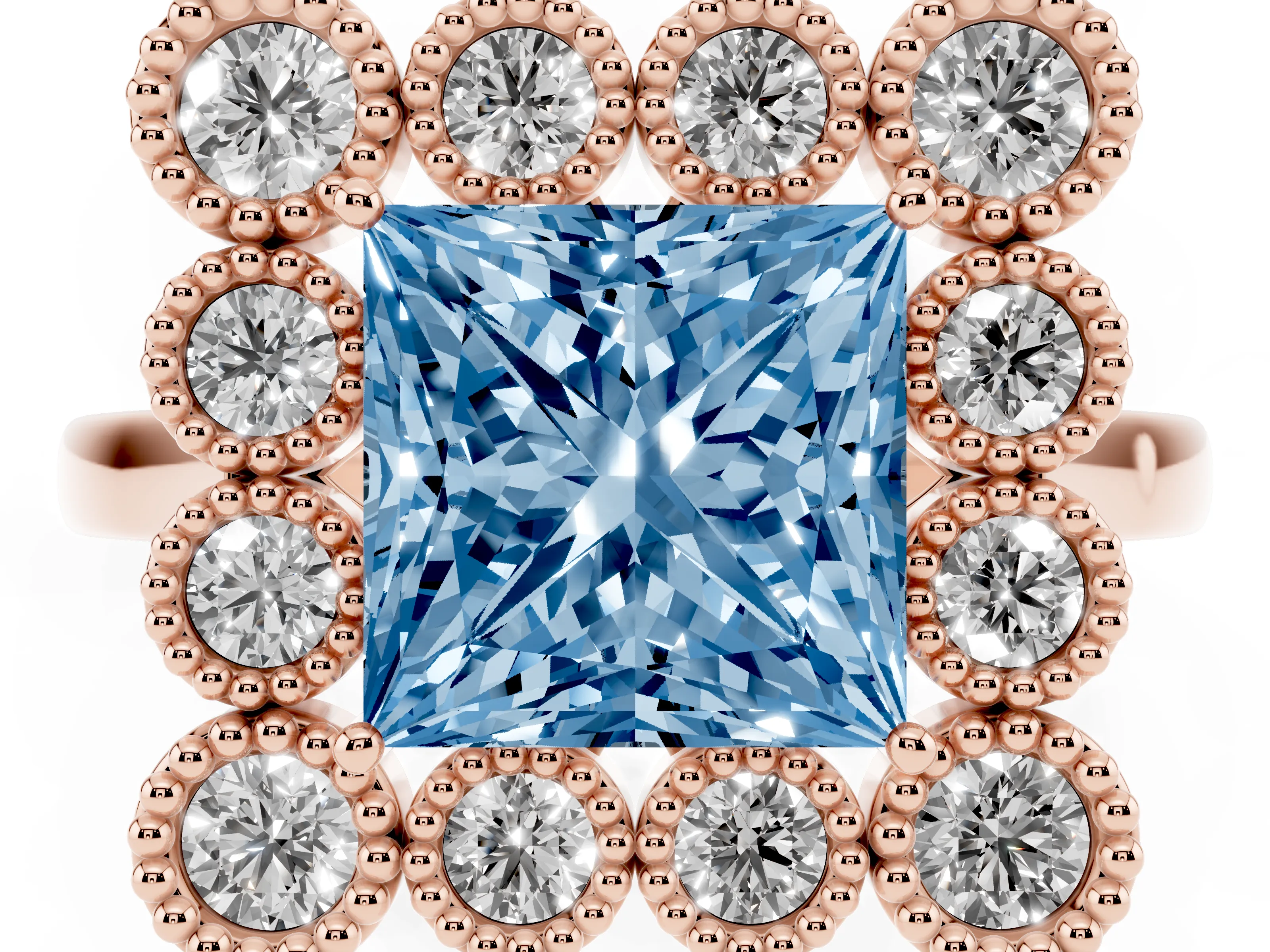 Fancy Blue Princess Cut Diamond Cluster Halo Ring Set in Rose gold with Milgrain Bezel Accents and Plain Band