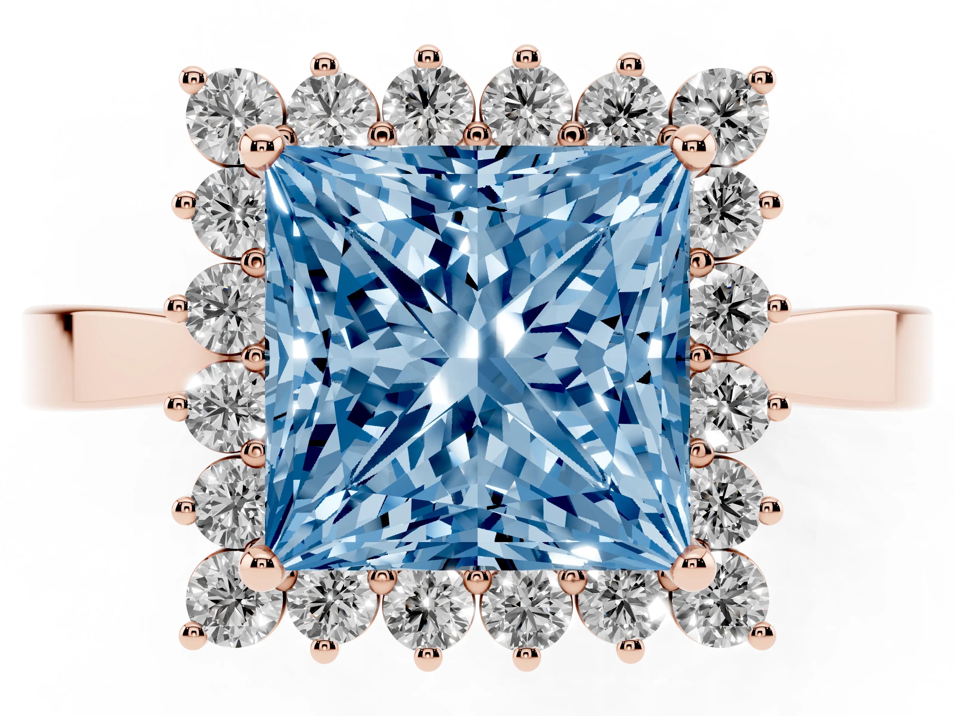 Fancy Blue Princess Cut Diamond Halo Ring Set in Rose gold with Round Halo and Smooth Solitaire Band