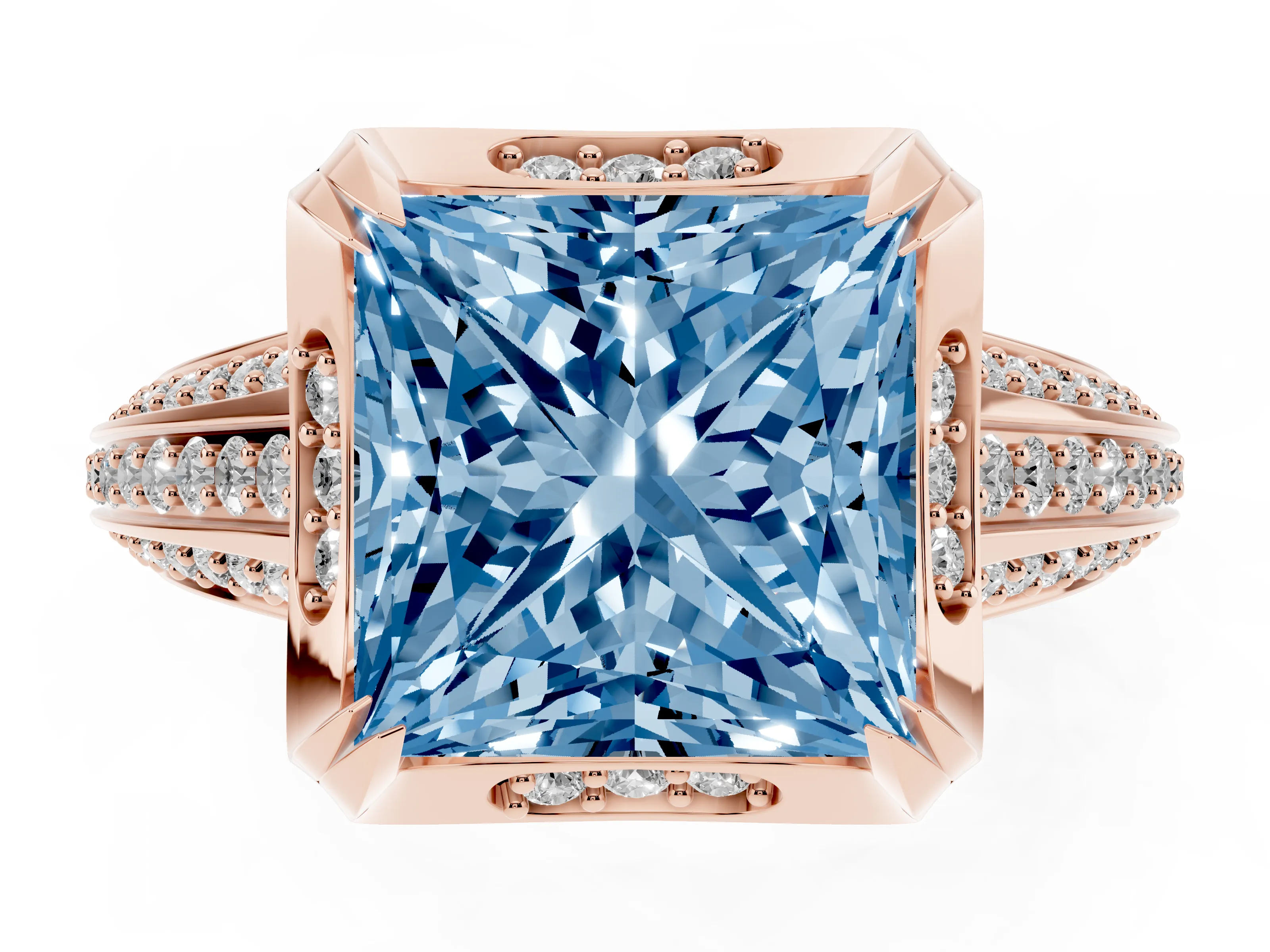 Fancy Blue Princess Cut Diamond Pavé Split Shank Solitaire Ring Set in Rose gold with Prong Setting